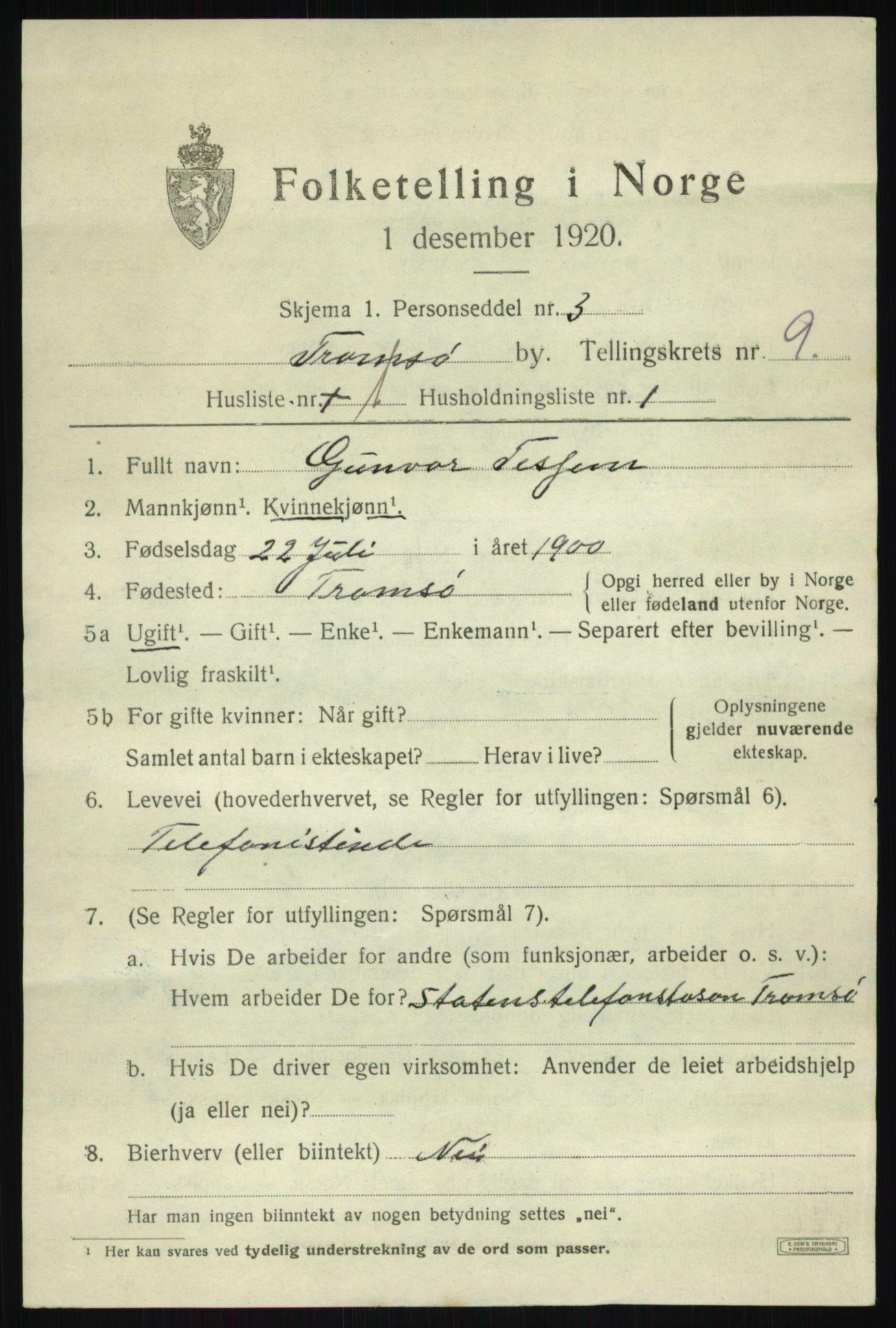 SATØ, 1920 census for Tromsø, 1920, p. 18701