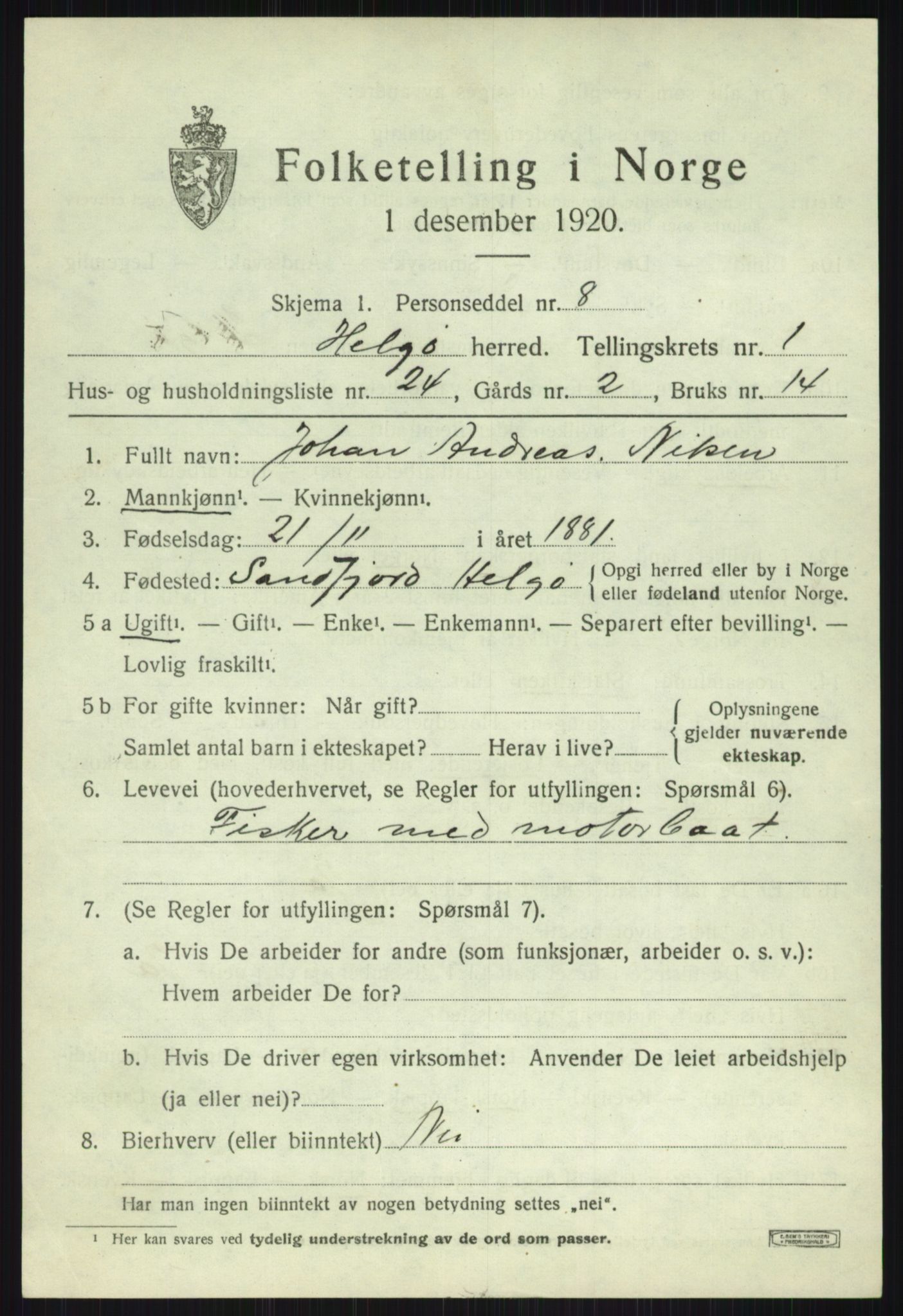 SATØ, 1920 census for Helgøy, 1920, p. 850