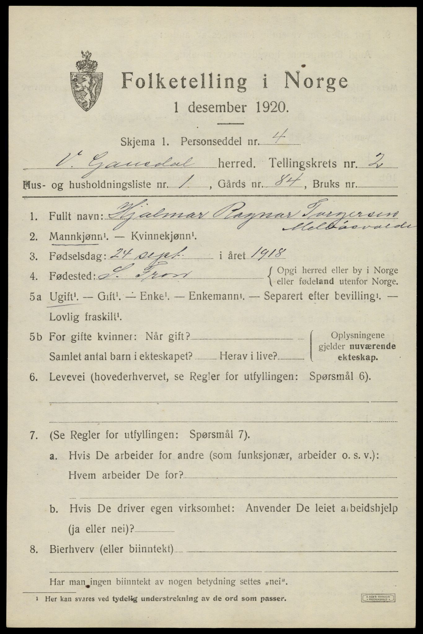 SAH, 1920 census for Vestre Gausdal, 1920, p. 1745