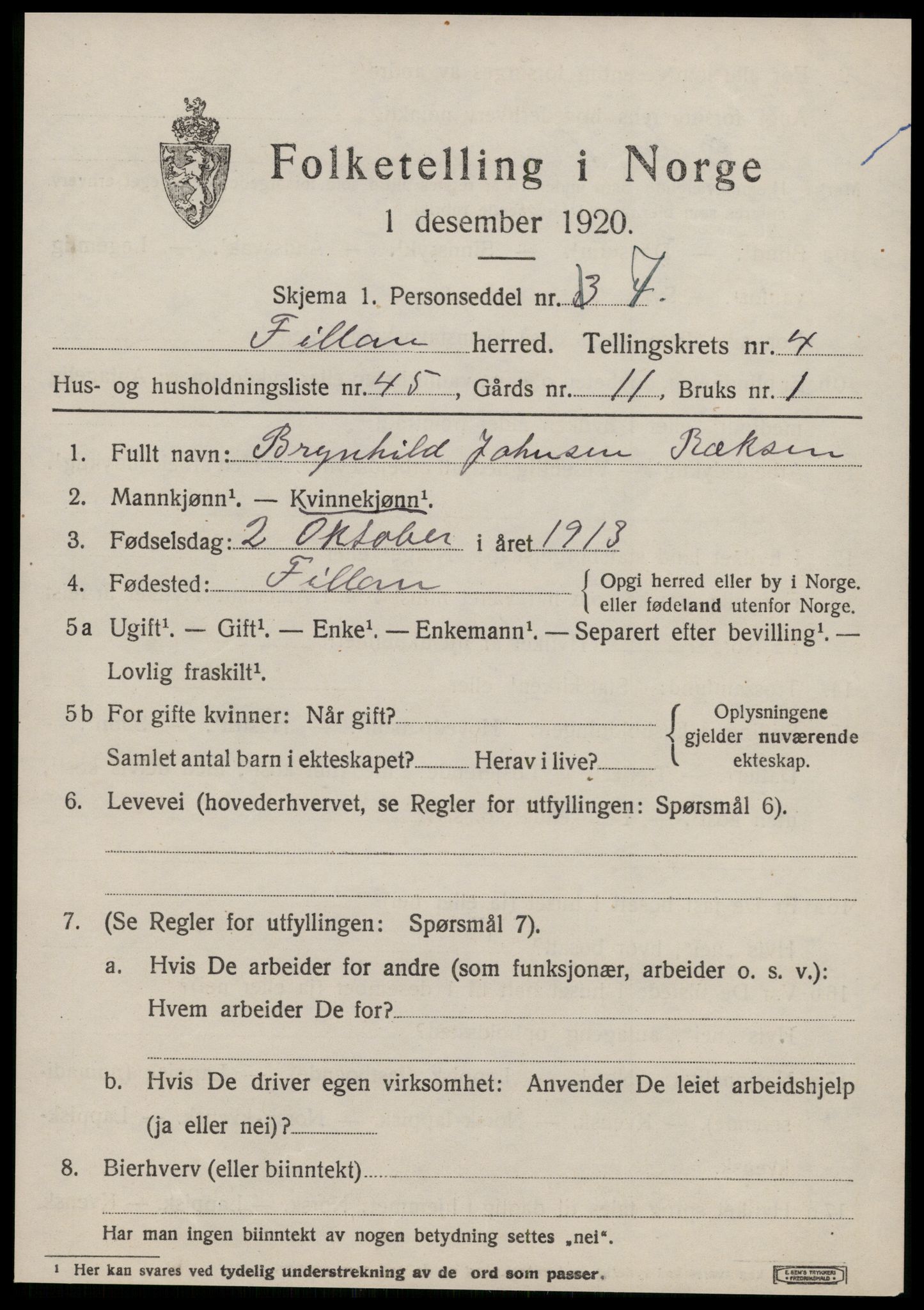 SAT, 1920 census for Fillan, 1920, p. 2336