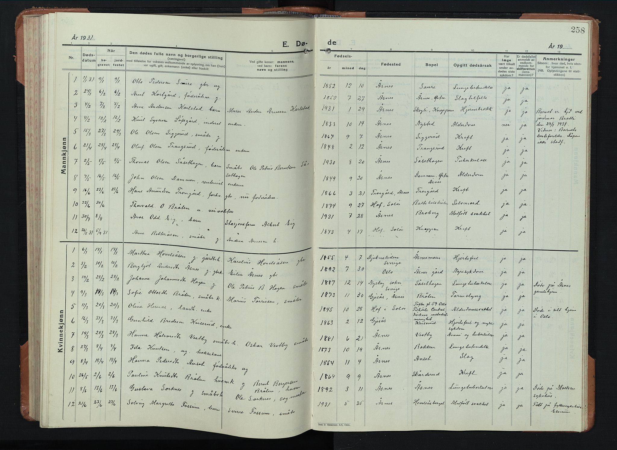 Åsnes prestekontor, SAH/PREST-042/H/Ha/Hab/L0008: Parish register (copy) no. 8, 1927-1942, p. 258
