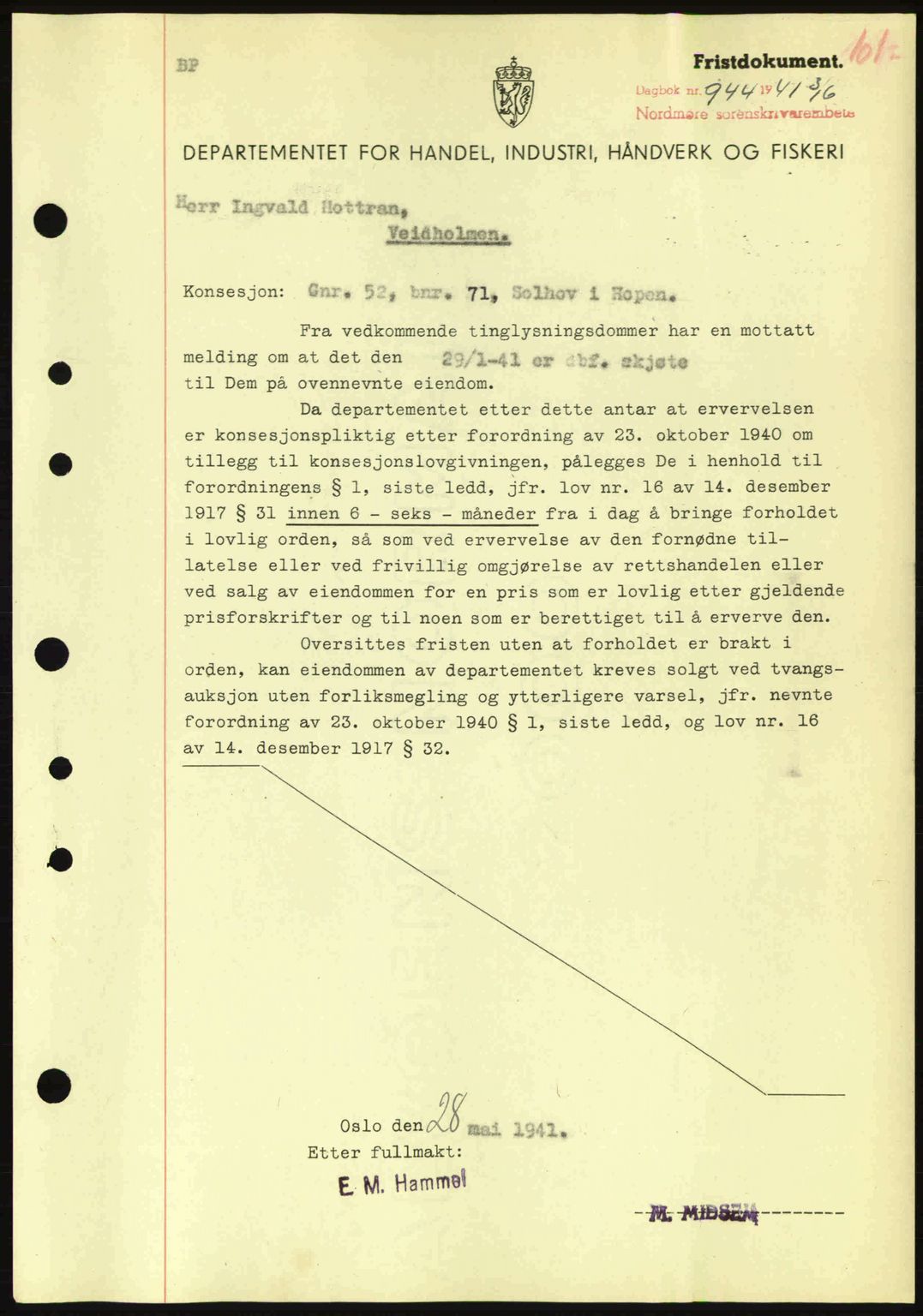 Nordmøre sorenskriveri, AV/SAT-A-4132/1/2/2Ca: Mortgage book no. B88, 1941-1942, Diary no: : 944/1941