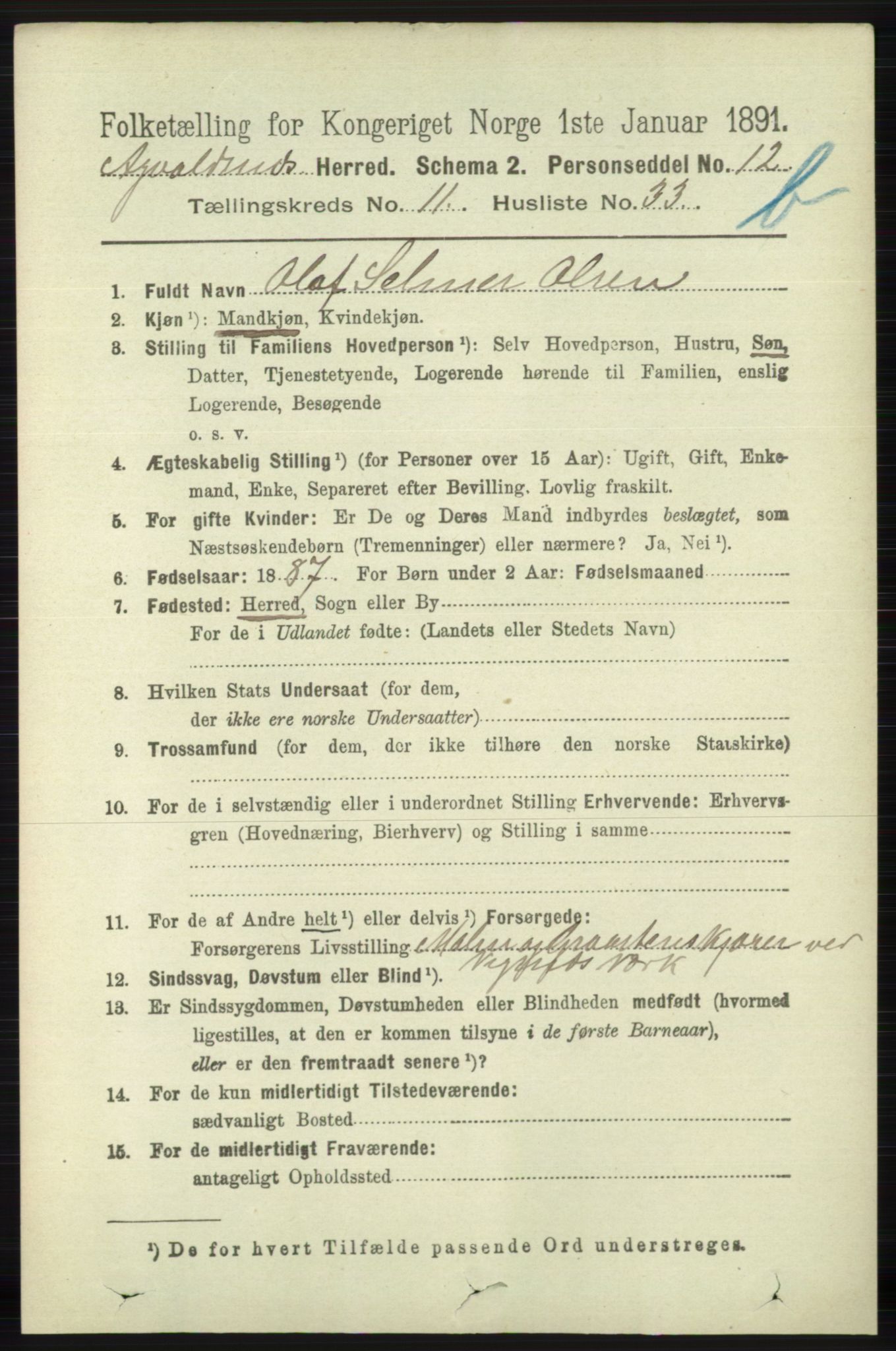 RA, 1891 census for 1147 Avaldsnes, 1891, p. 6638