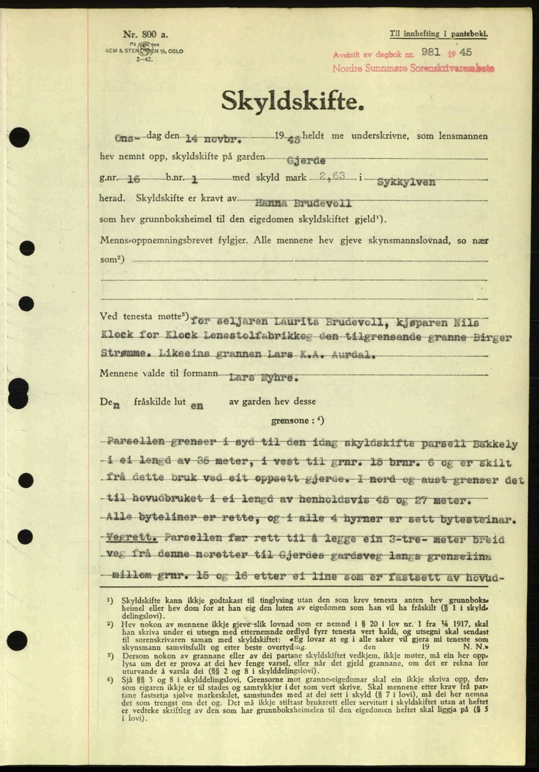 Nordre Sunnmøre sorenskriveri, AV/SAT-A-0006/1/2/2C/2Ca: Mortgage book no. A20a, 1945-1945, Diary no: : 981/1945