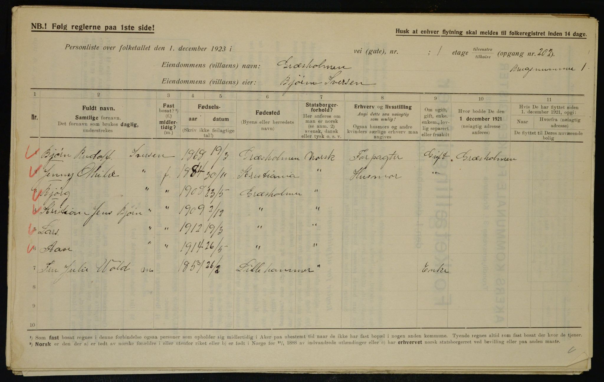 , Municipal Census 1923 for Aker, 1923, p. 39239