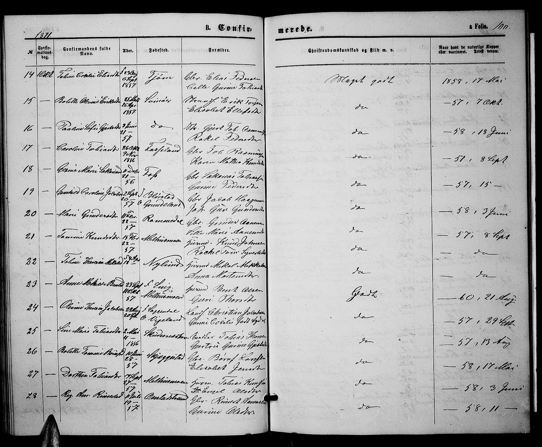 Sør-Audnedal sokneprestkontor, AV/SAK-1111-0039/F/Fb/Fbb/L0004: Parish register (copy) no. B 4, 1868-1879, p. 100