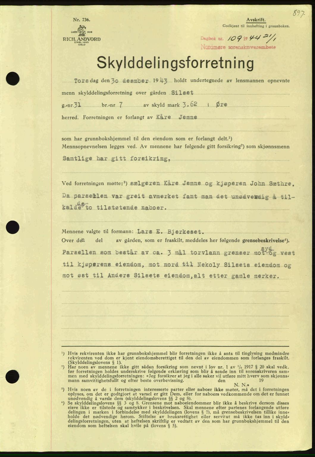 Nordmøre sorenskriveri, SAT/A-4132/1/2/2Ca: Mortgage book no. A96, 1943-1944, Diary no: : 109/1944