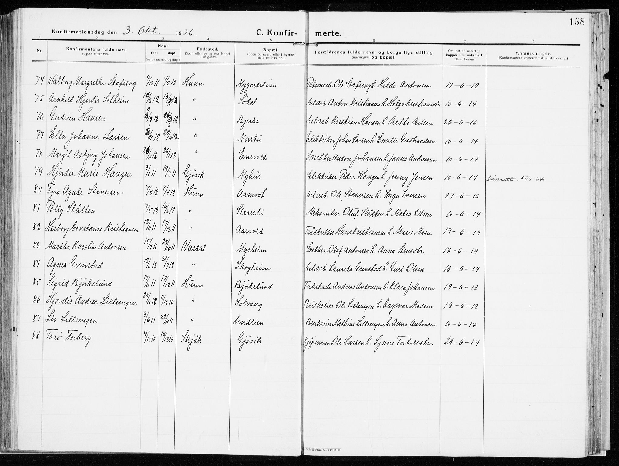 Vardal prestekontor, AV/SAH-PREST-100/H/Ha/Haa/L0017: Parish register (official) no. 17, 1915-1929, p. 158