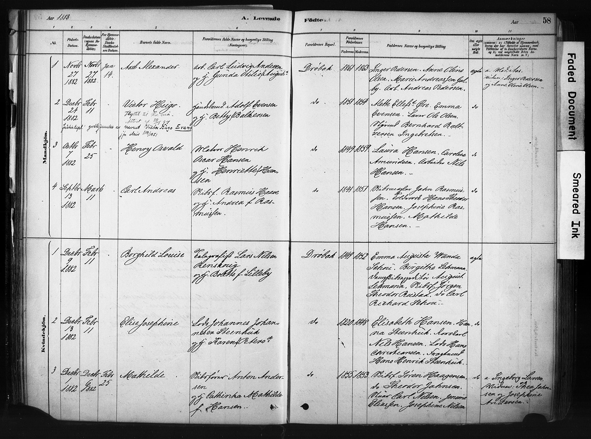 Drøbak prestekontor Kirkebøker, AV/SAO-A-10142a/F/Fb/L0001: Parish register (official) no. II 1, 1878-1891, p. 58