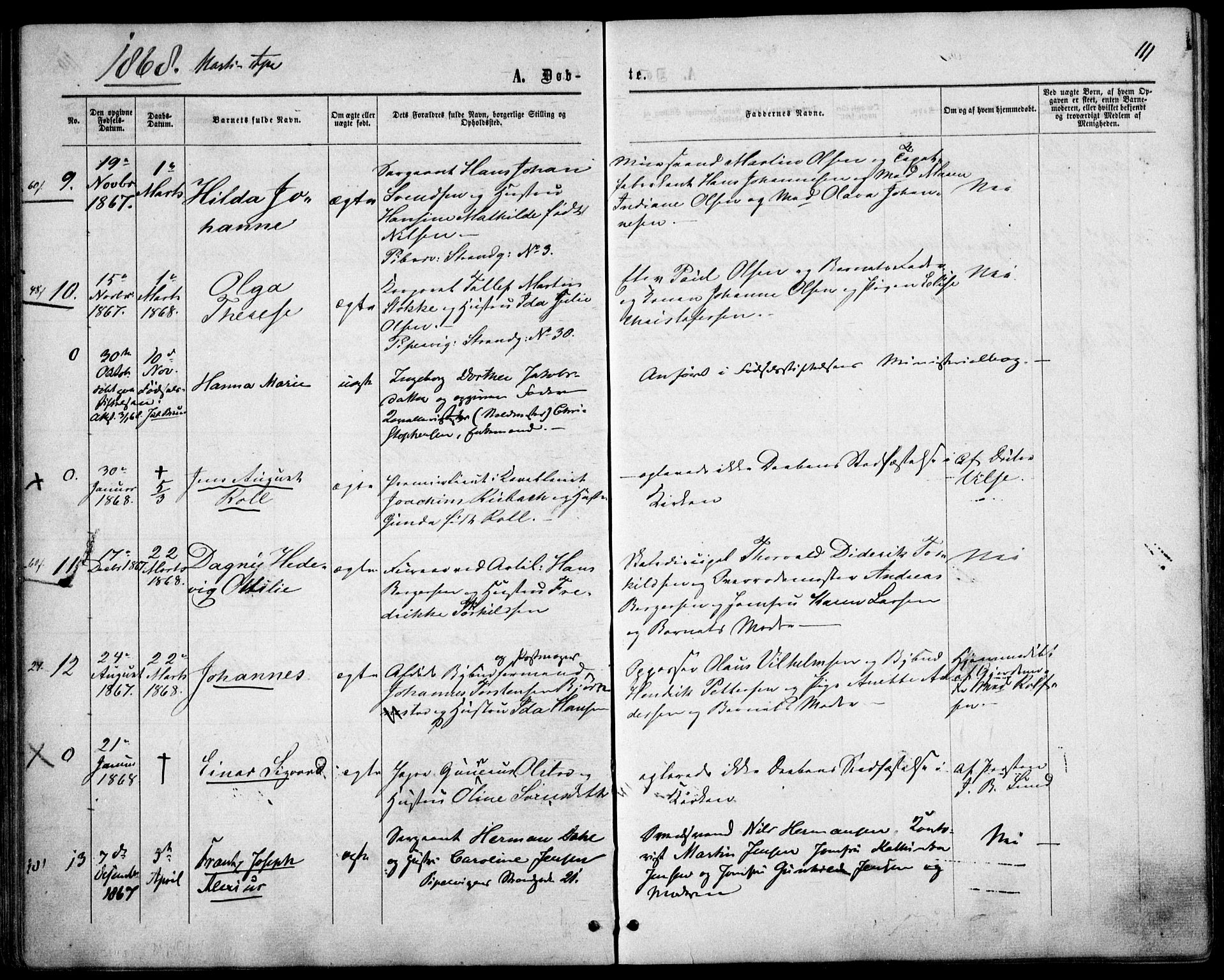 Garnisonsmenigheten Kirkebøker, SAO/A-10846/F/Fa/L0010: Parish register (official) no. 10, 1859-1869, p. 111