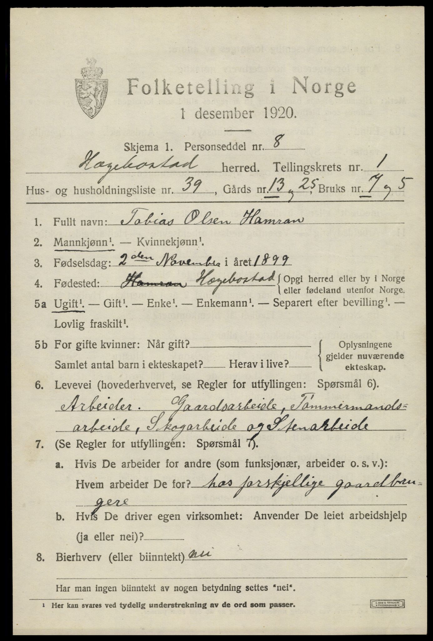 SAK, 1920 census for Hægebostad, 1920, p. 857