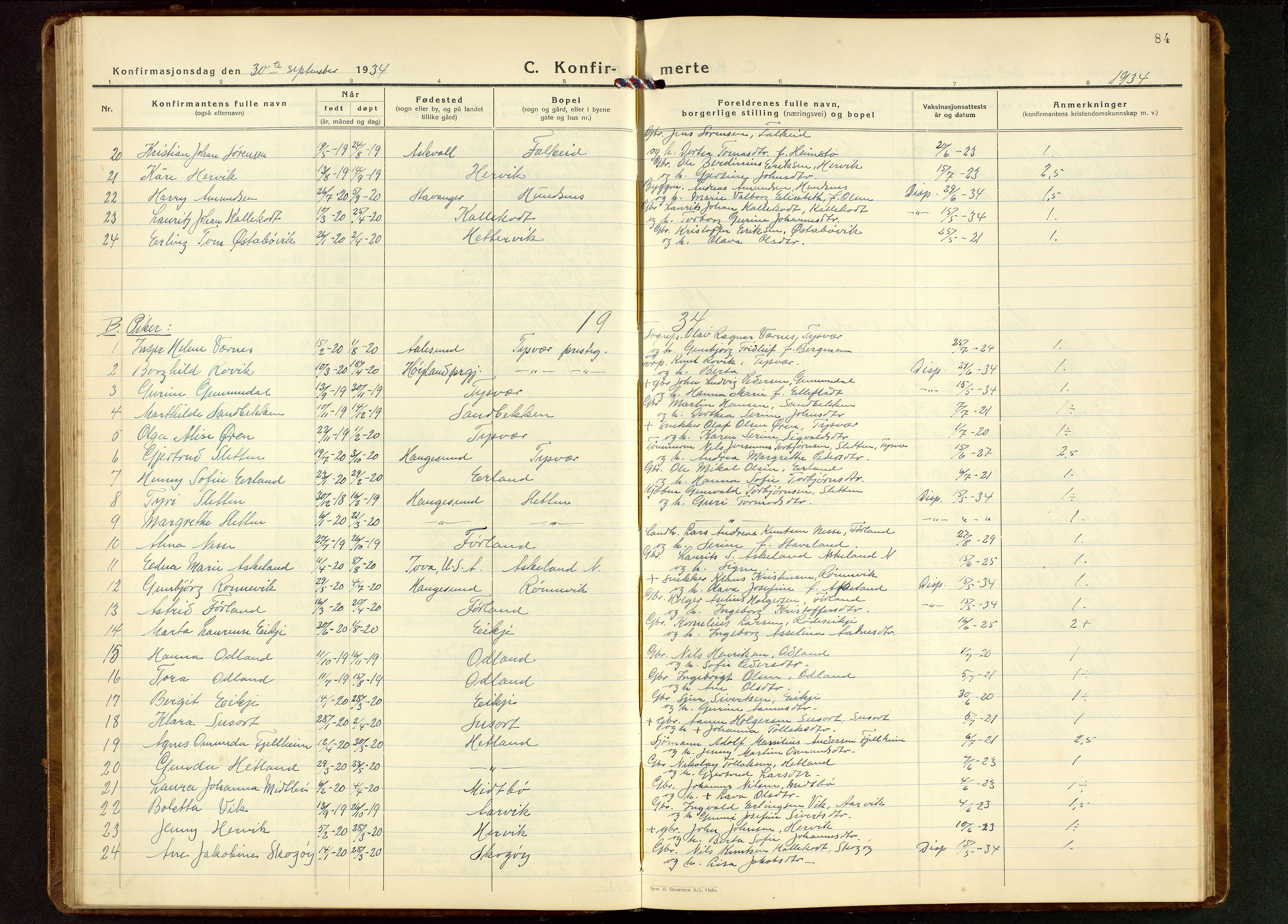 Tysvær sokneprestkontor, AV/SAST-A -101864/H/Ha/Hab/L0006: Parish register (copy) no. B 6, 1932-1946, p. 84