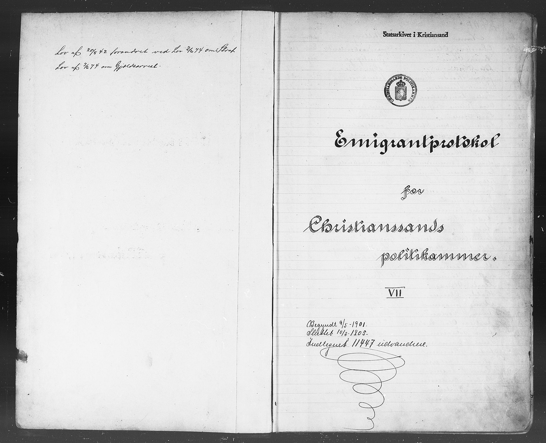 Kristiansand politikammer, SAK/1243-0004/K/Kb/L0243: Emigrantprotokoll, 1901-1905, p. 1