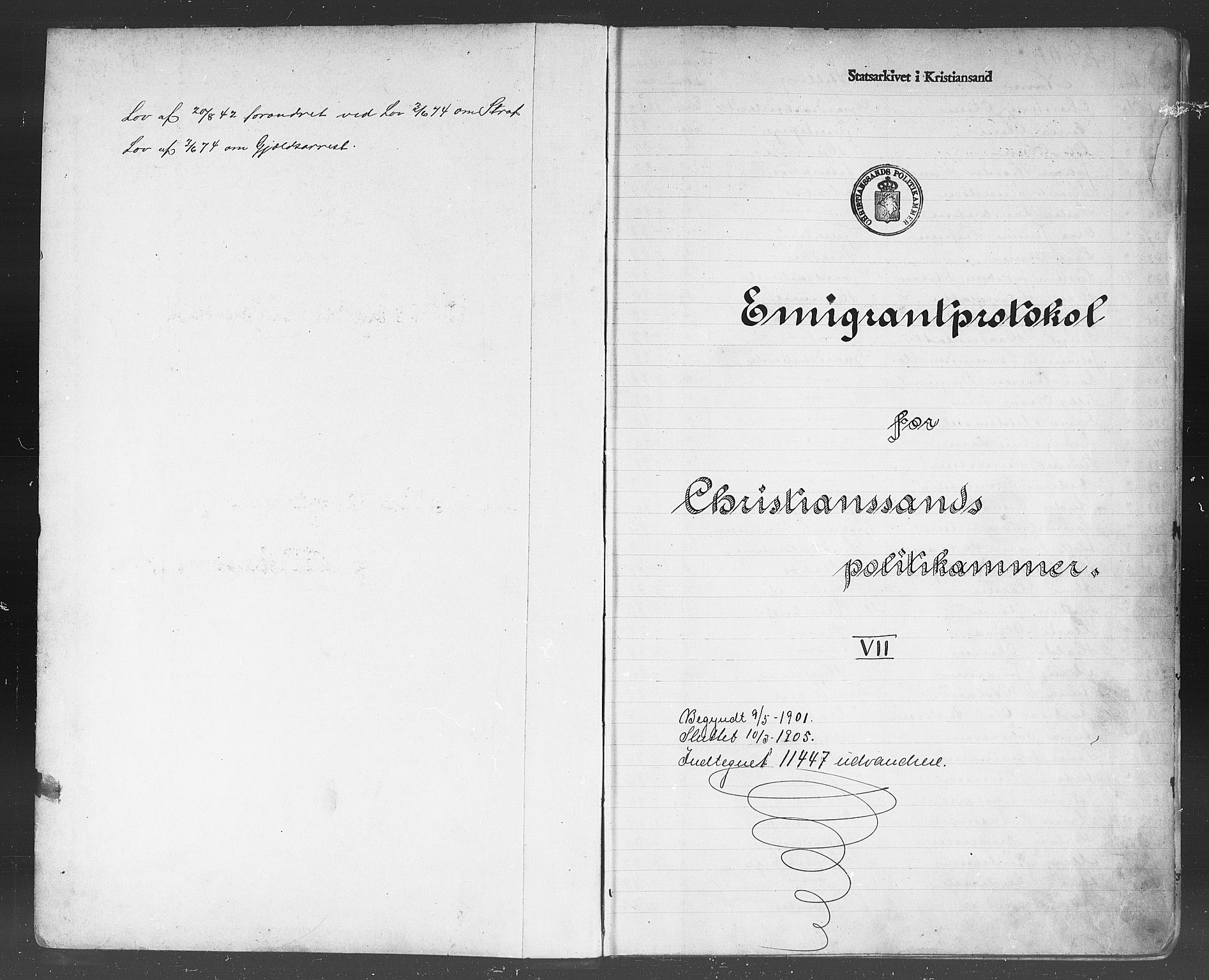 Kristiansand politikammer, AV/SAK-1243-0004/K/Kb/L0243: Emigrantprotokoll, 1901-1905, p. 1