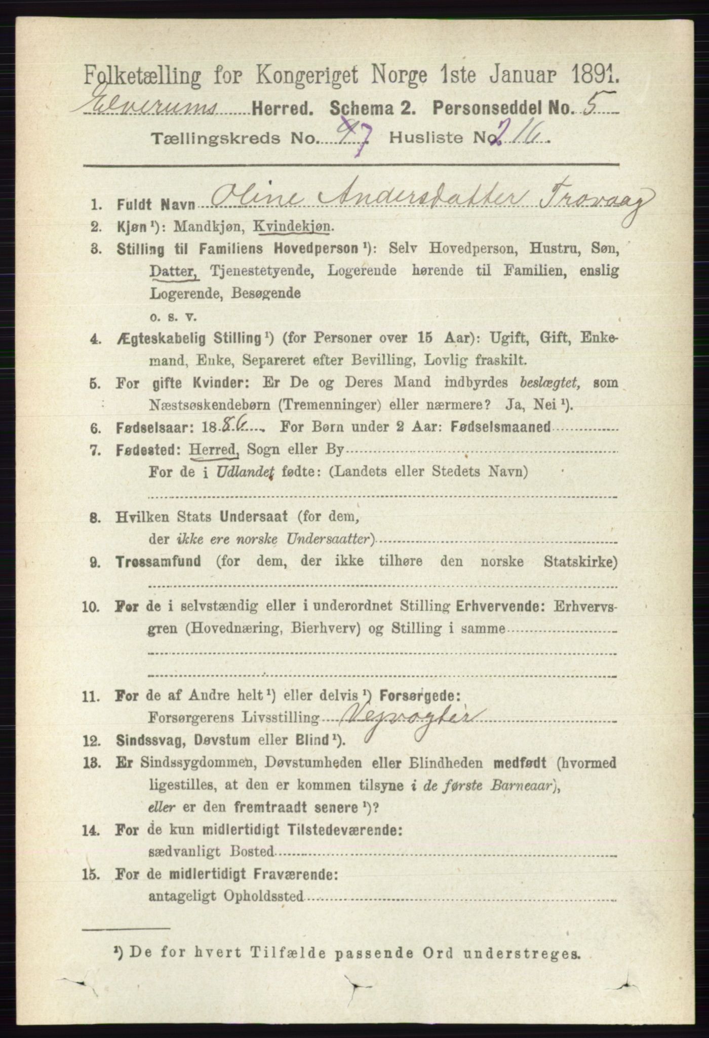 RA, 1891 census for 0427 Elverum, 1891, p. 6902