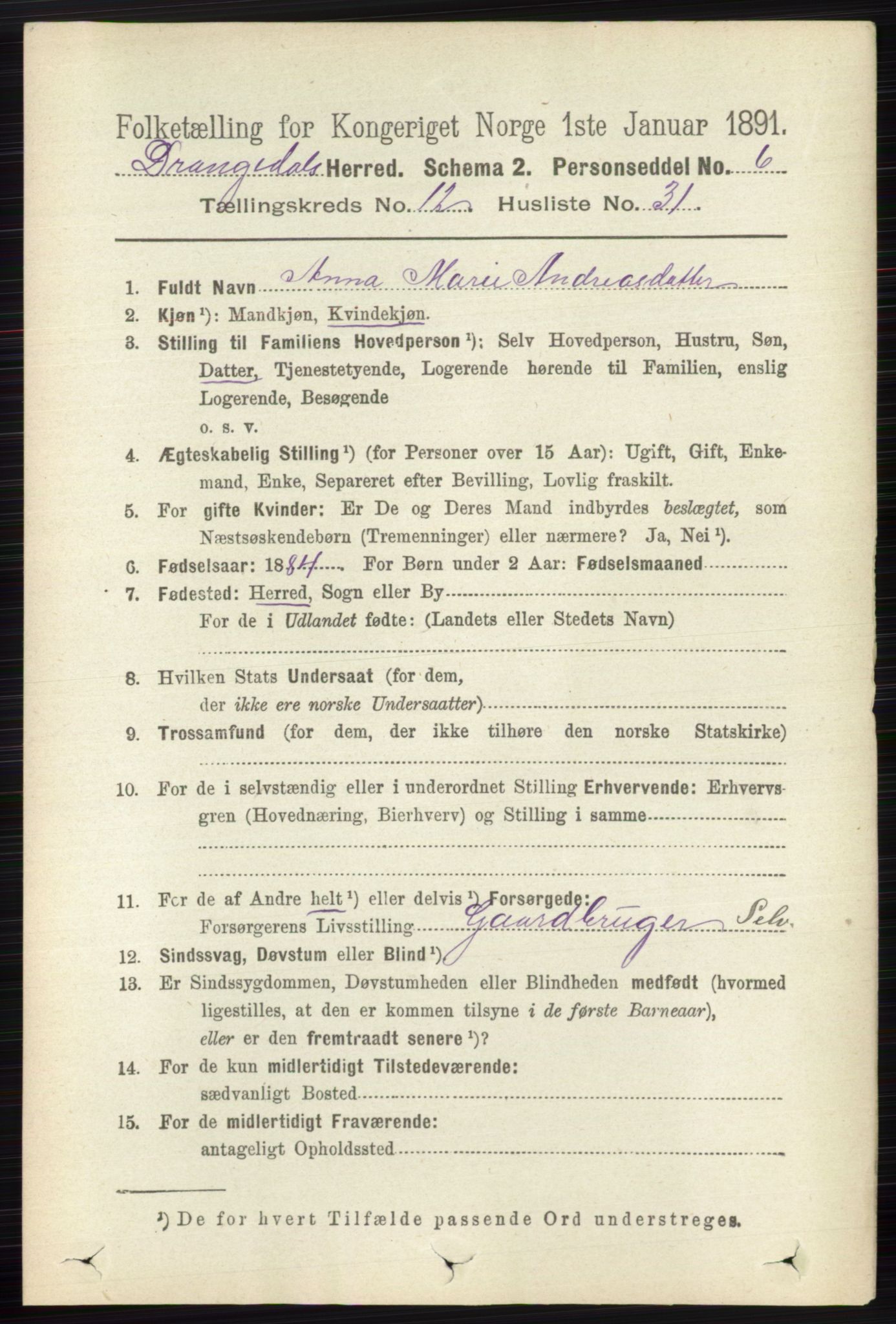 RA, 1891 census for 0817 Drangedal, 1891, p. 4549