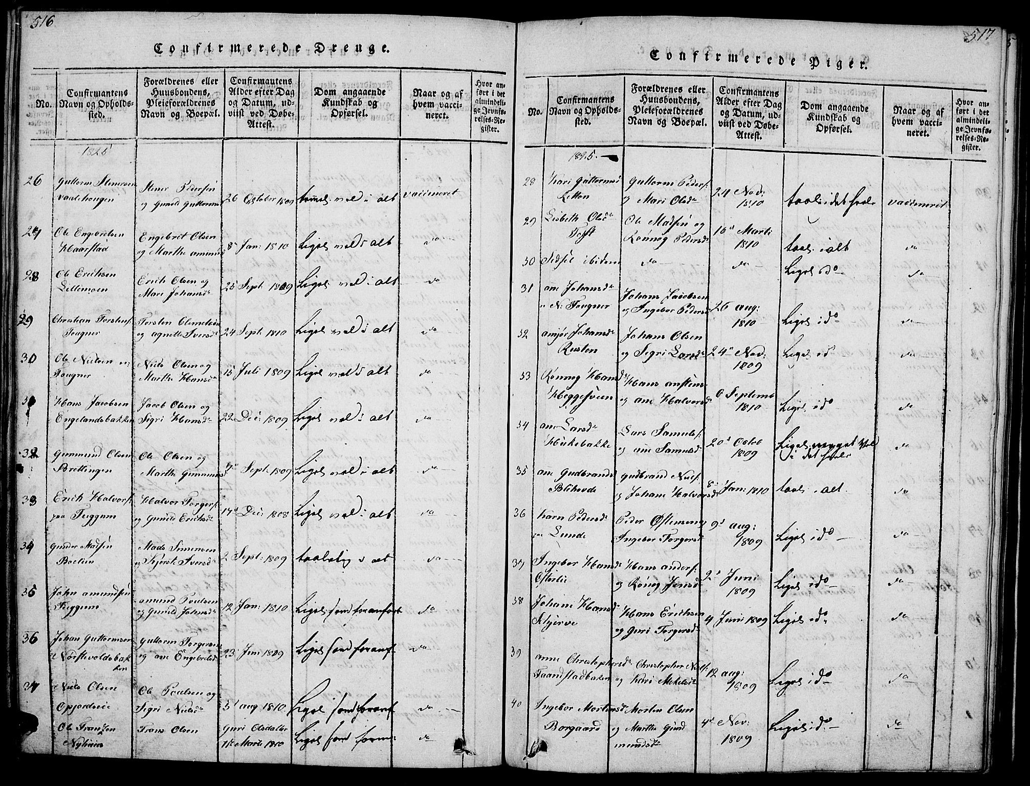 Gausdal prestekontor, AV/SAH-PREST-090/H/Ha/Haa/L0005: Parish register (official) no. 5, 1817-1829, p. 516-517