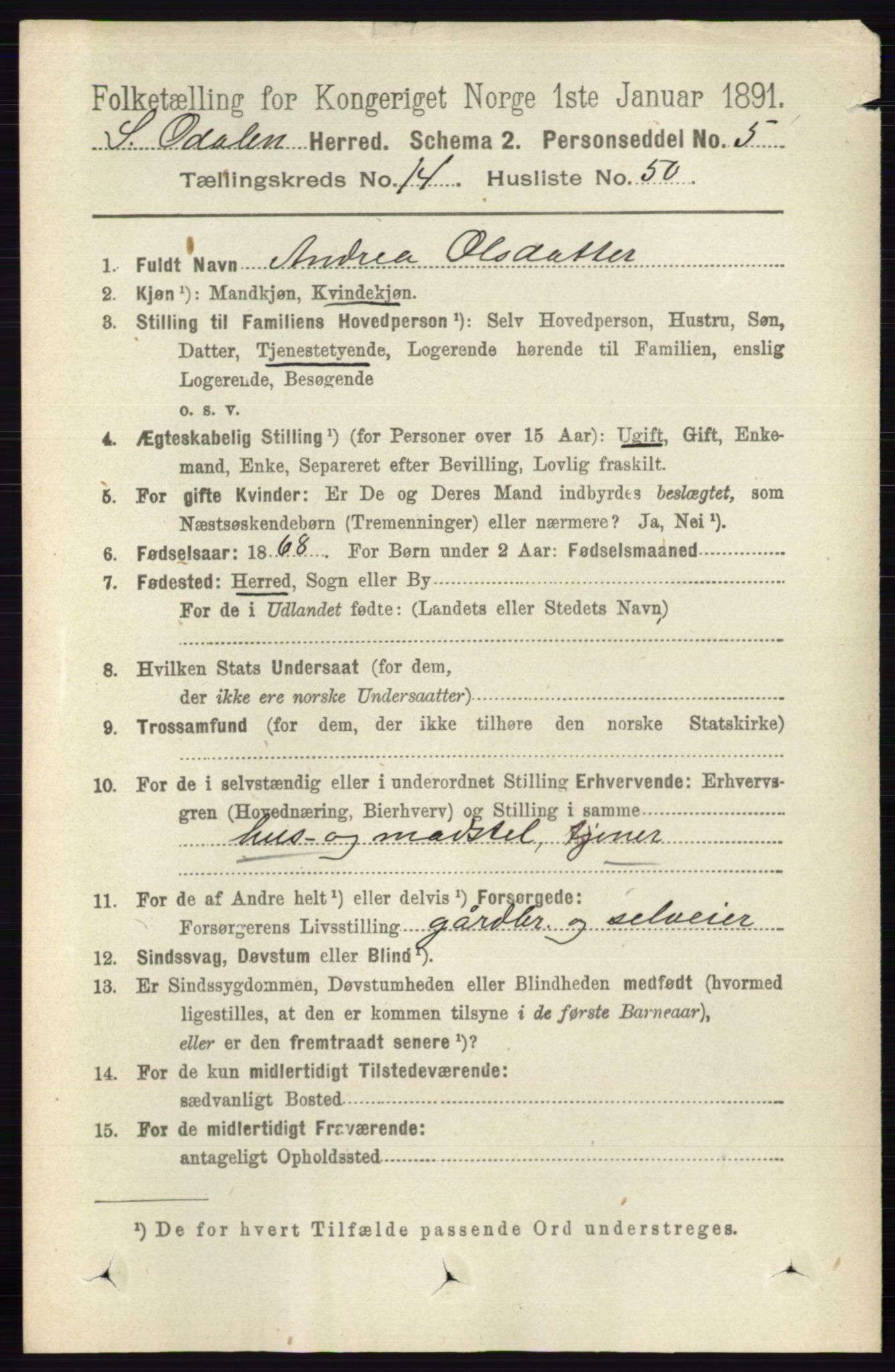 RA, 1891 census for 0419 Sør-Odal, 1891, p. 6352