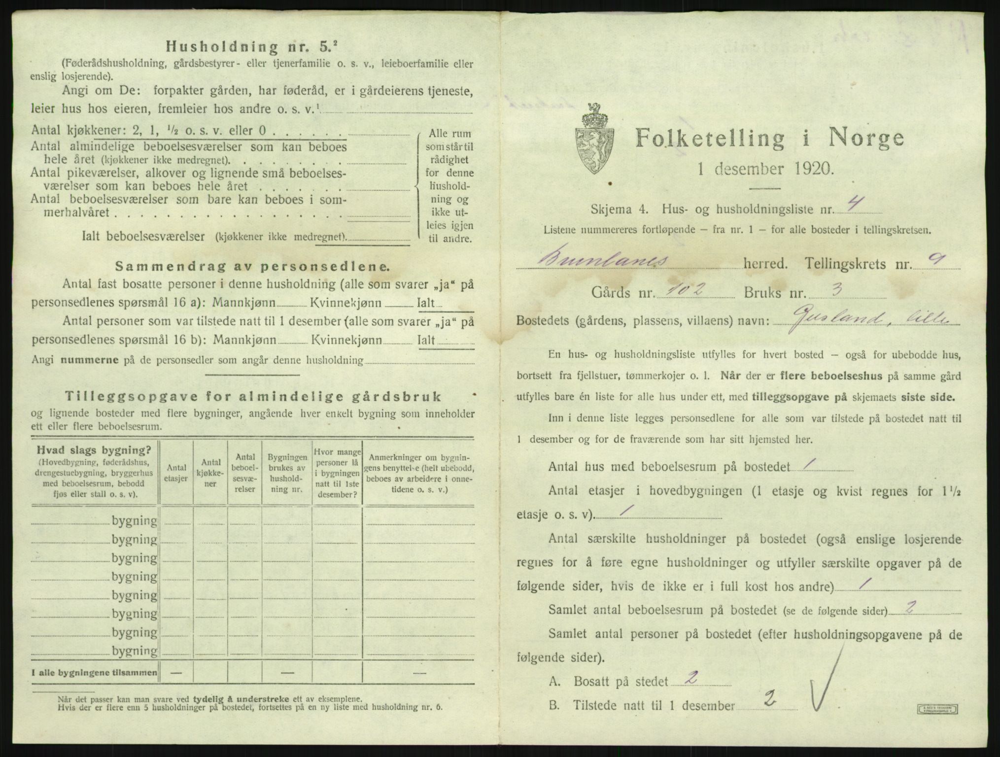 SAKO, 1920 census for Brunlanes, 1920, p. 1087