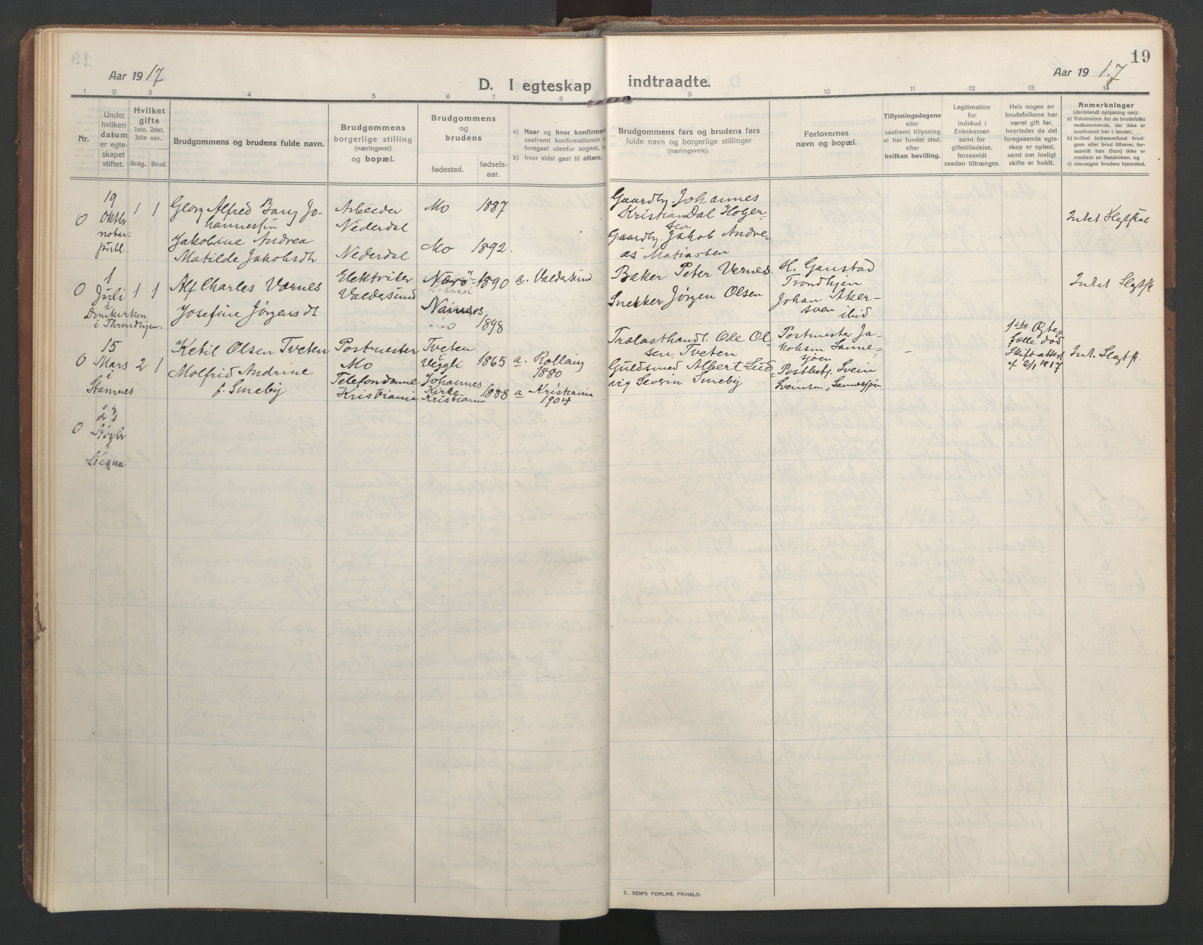 Ministerialprotokoller, klokkerbøker og fødselsregistre - Nordland, SAT/A-1459/827/L0405: Parish register (official) no. 827A17, 1912-1925, p. 19