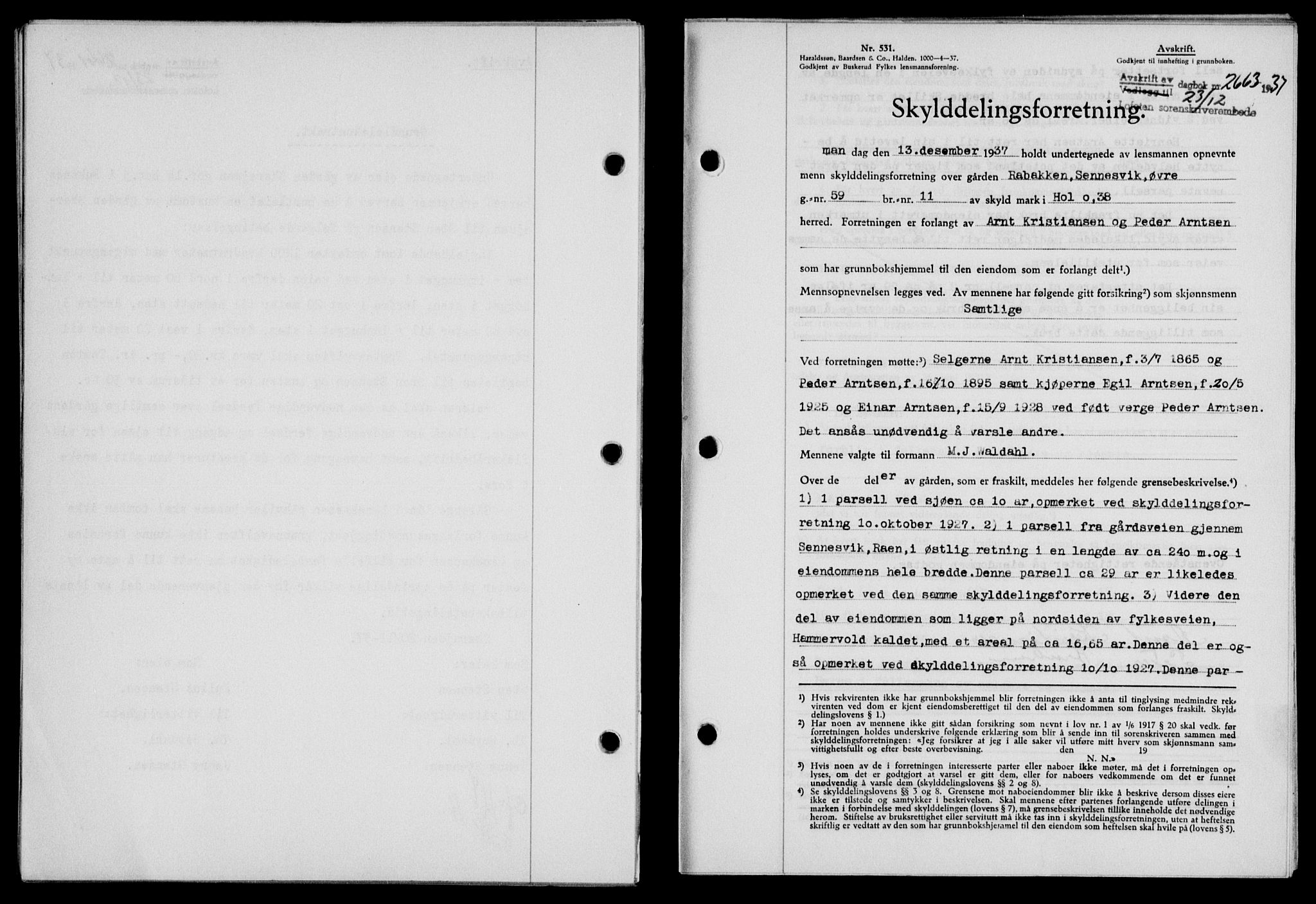Lofoten sorenskriveri, SAT/A-0017/1/2/2C/L0003a: Mortgage book no. 3a, 1937-1938, Diary no: : 2663/1937