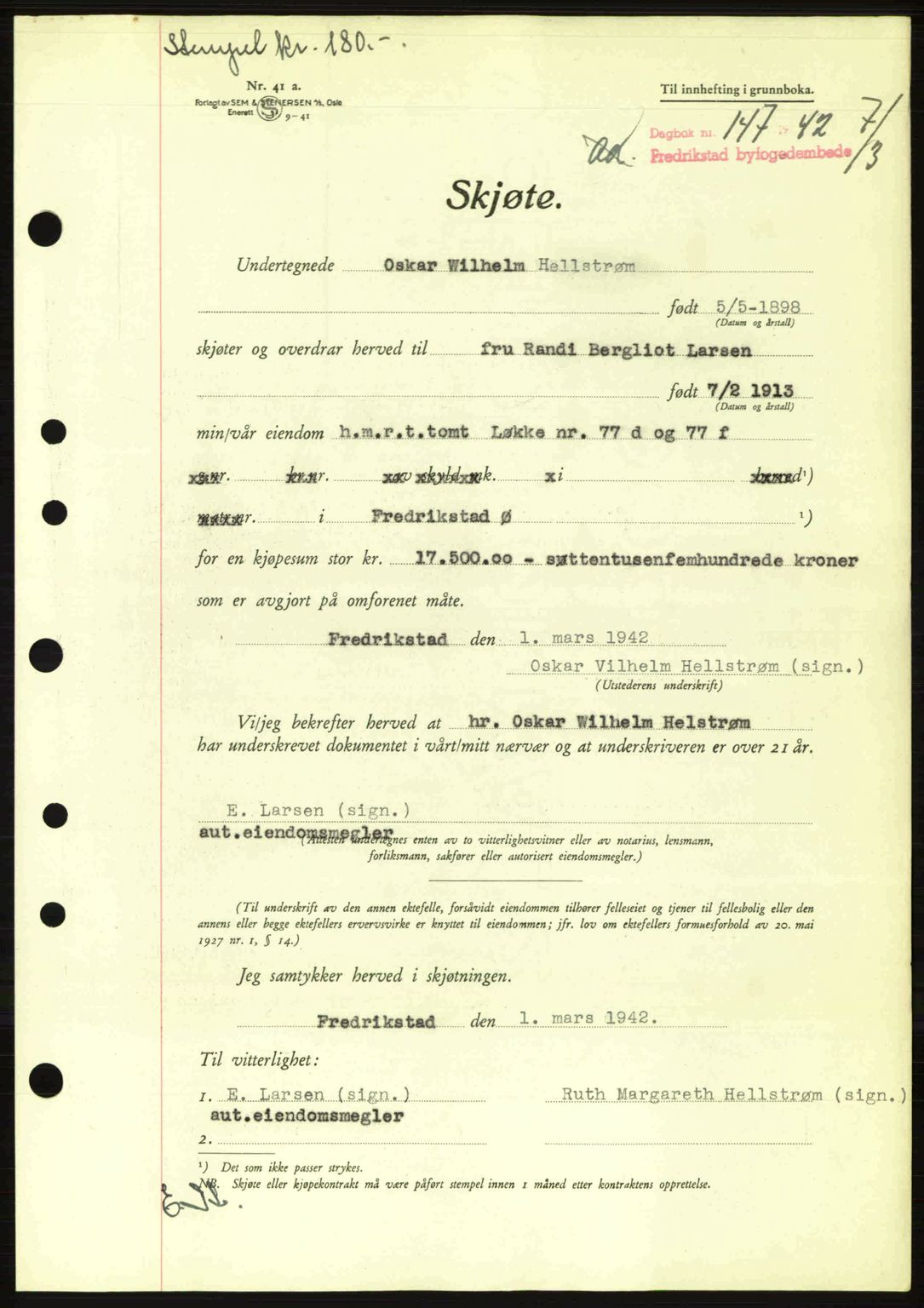 Fredrikstad byfogd, AV/SAO-A-10473a/G/Ga/Gac/L0002: Mortgage book no. A32a, 1940-1945, Diary no: : 147/1942