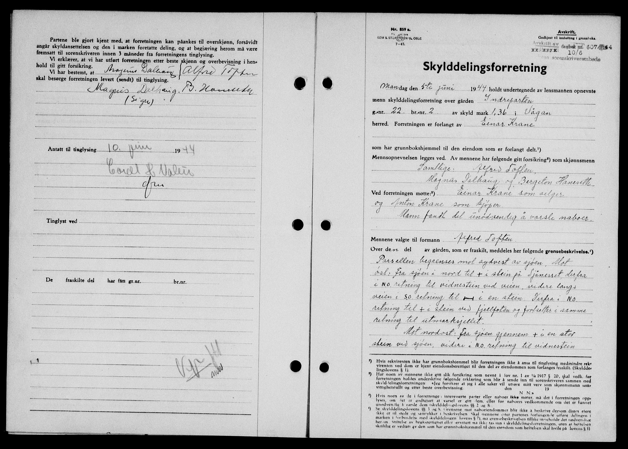 Lofoten sorenskriveri, SAT/A-0017/1/2/2C/L0012a: Mortgage book no. 12a, 1943-1944, Diary no: : 607/1944