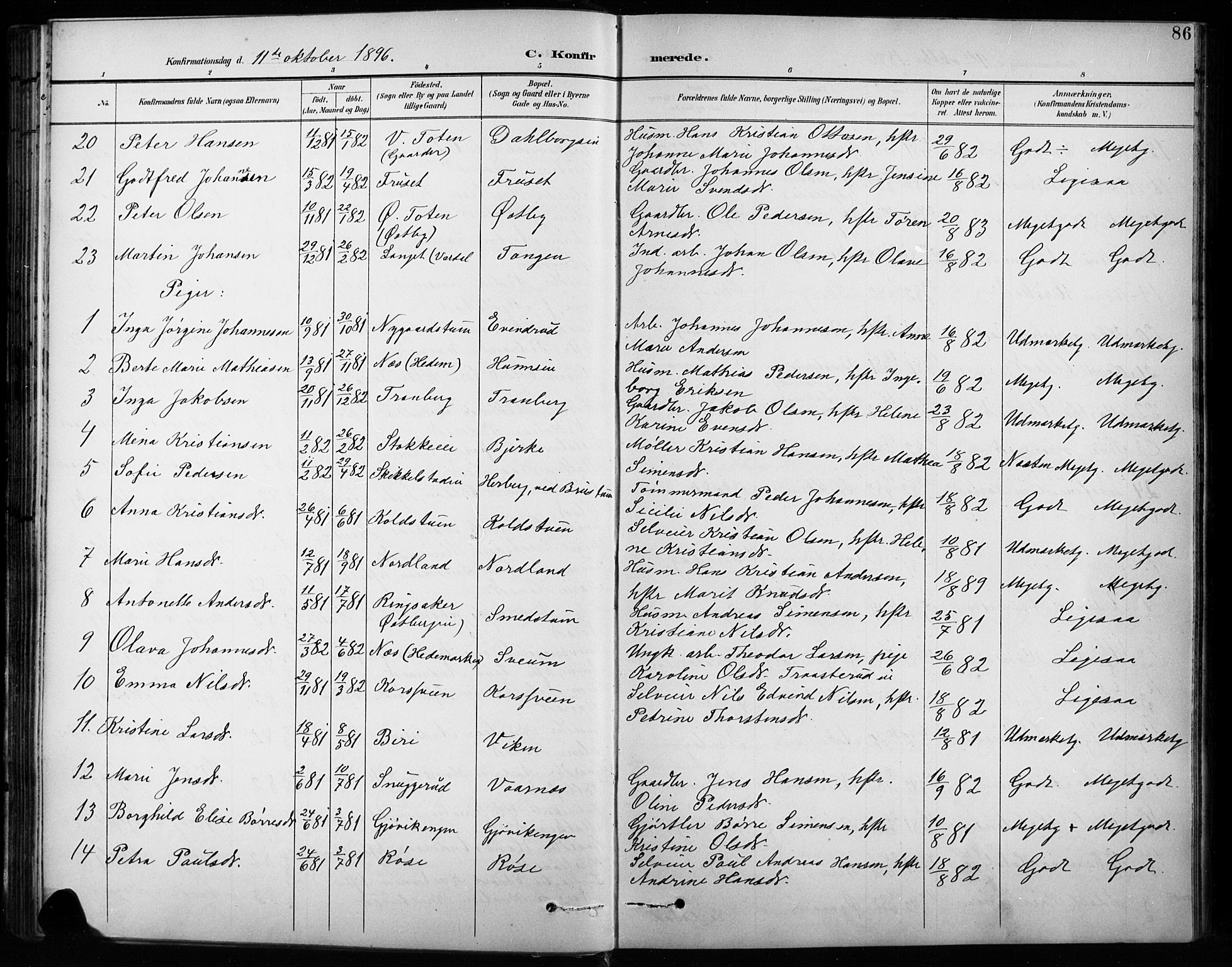 Vardal prestekontor, SAH/PREST-100/H/Ha/Hab/L0010: Parish register (copy) no. 10, 1895-1903, p. 86
