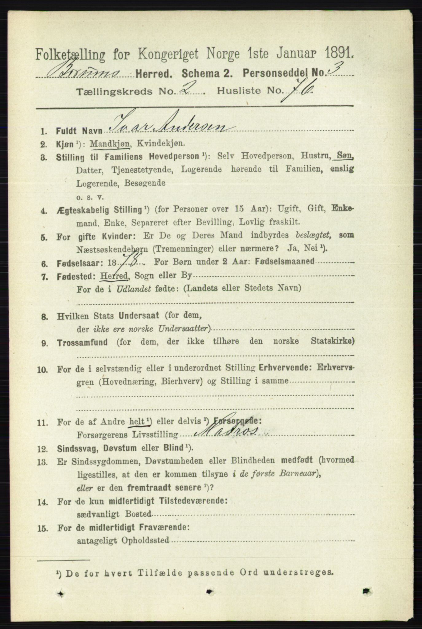RA, 1891 census for 0219 Bærum, 1891, p. 1605