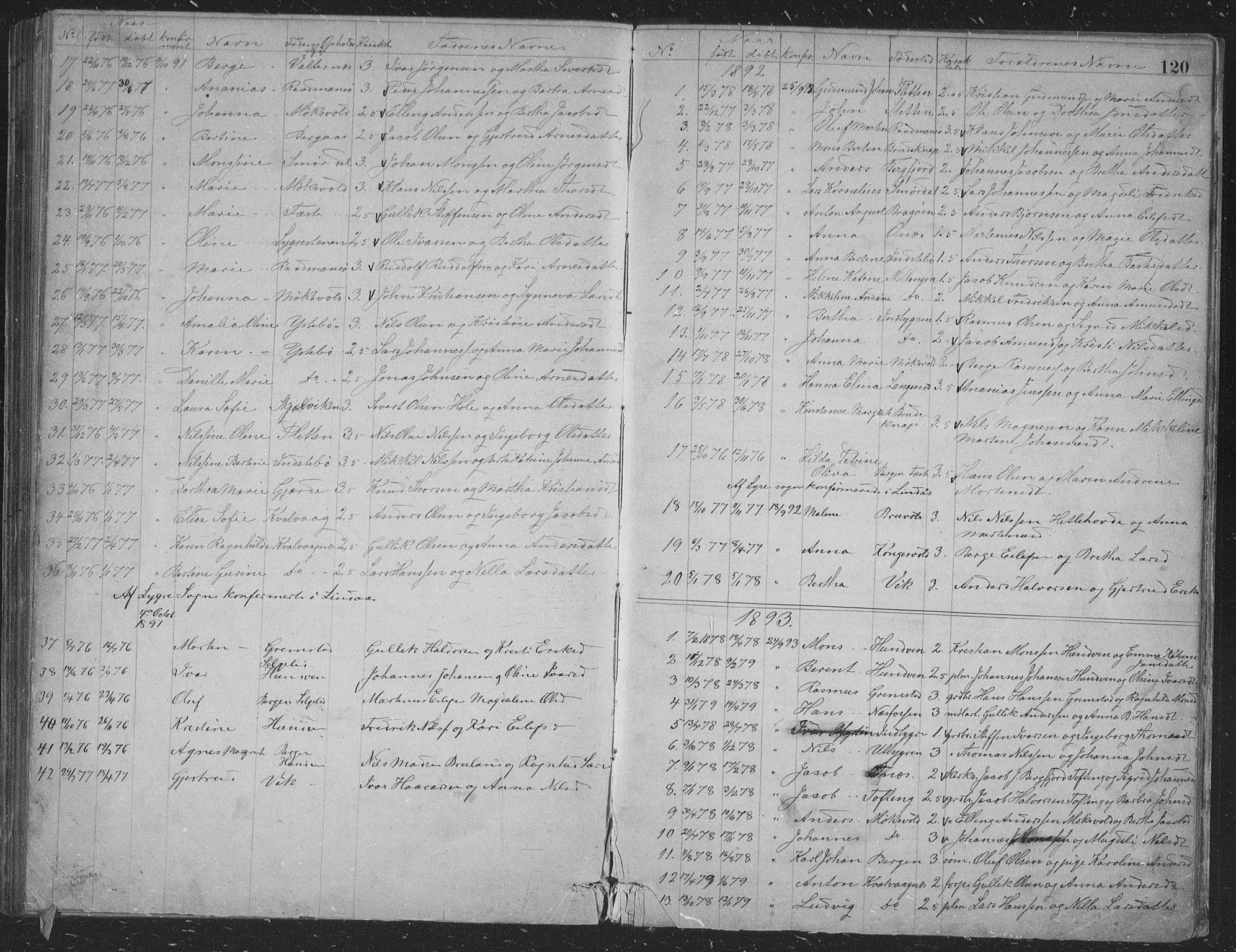 Alversund Sokneprestembete, SAB/A-73901/H/Ha/Hab: Parish register (copy) no. B 3, 1881-1896, p. 120