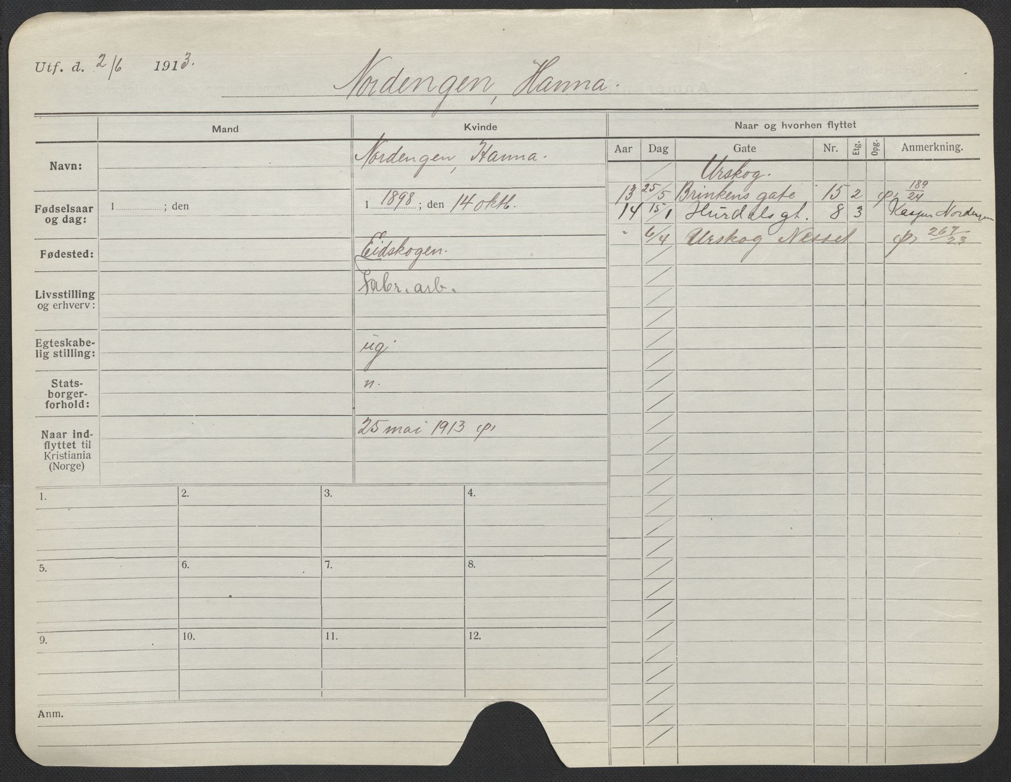 Oslo folkeregister, Registerkort, AV/SAO-A-11715/F/Fa/Fac/L0021: Kvinner, 1906-1914, p. 577a