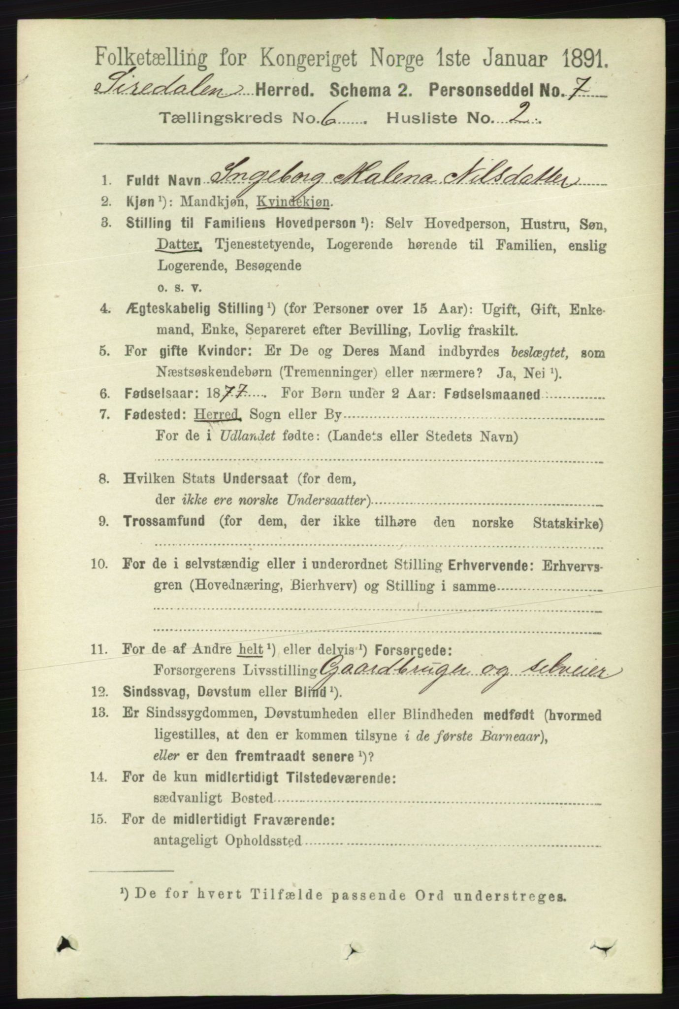 RA, 1891 census for 1046 Sirdal, 1891, p. 1645