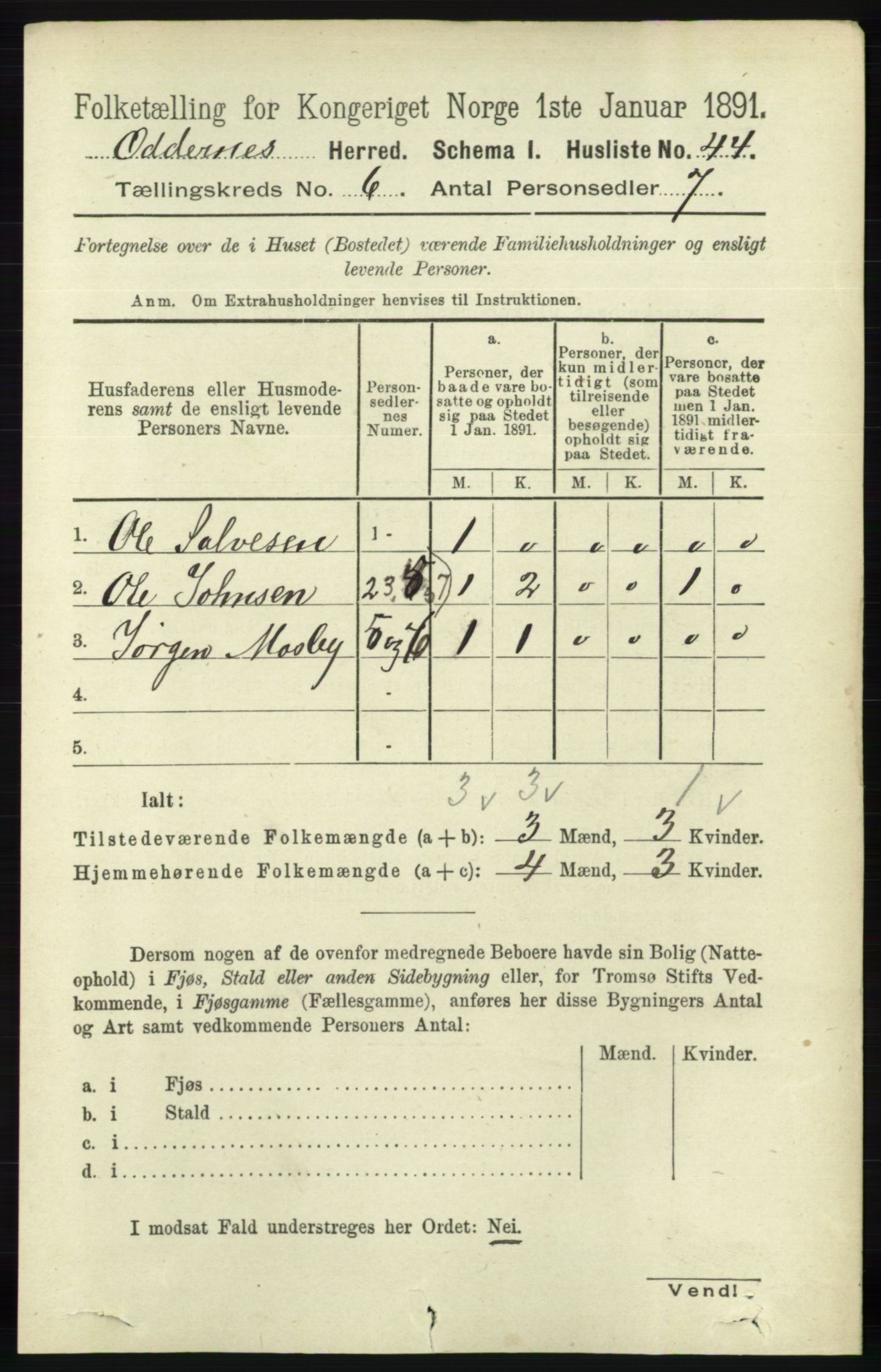 RA, 1891 census for 1012 Oddernes, 1891, p. 2193