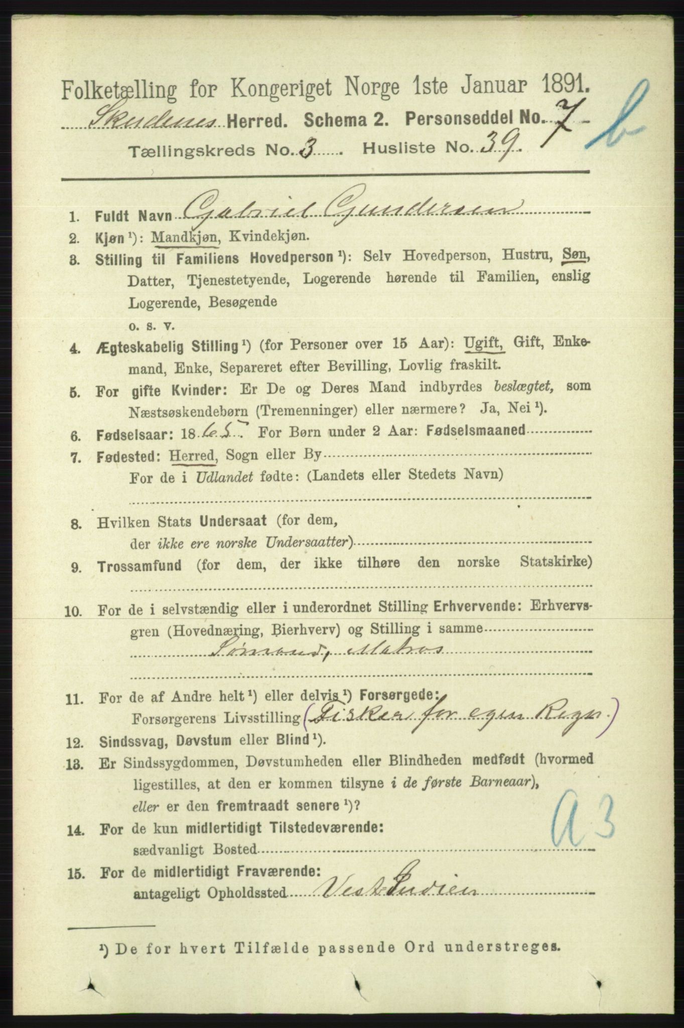 RA, 1891 census for 1150 Skudenes, 1891, p. 4203