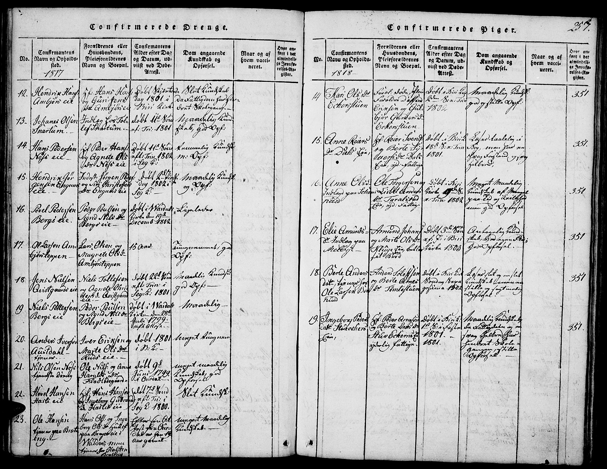 Biri prestekontor, SAH/PREST-096/H/Ha/Hab/L0001: Parish register (copy) no. 1, 1814-1828, p. 257