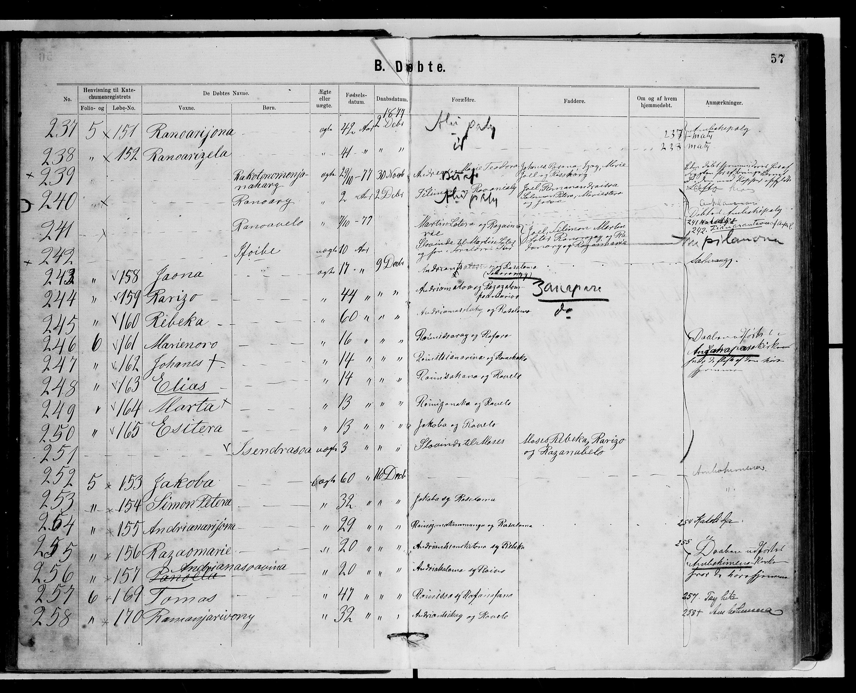 Archives FLM/NMS, Madagaskar, VID/MA-A-1163/D/Db/L0269: Parish register (official) no. 1, 1867-1884, p. 57