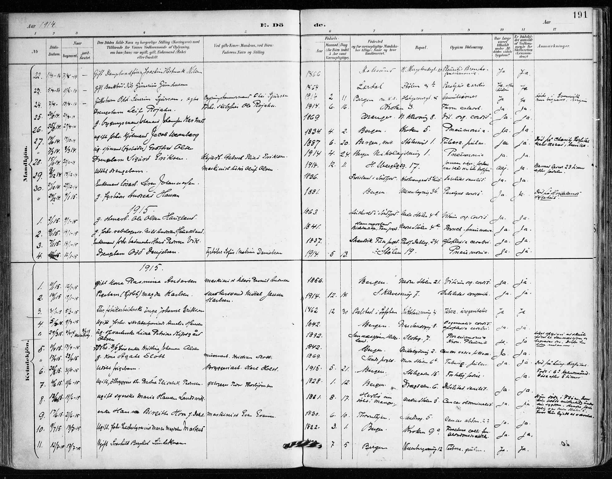 Mariakirken Sokneprestembete, SAB/A-76901/H/Haa/L0008: Parish register (official) no. A 8, 1893-1942, p. 191