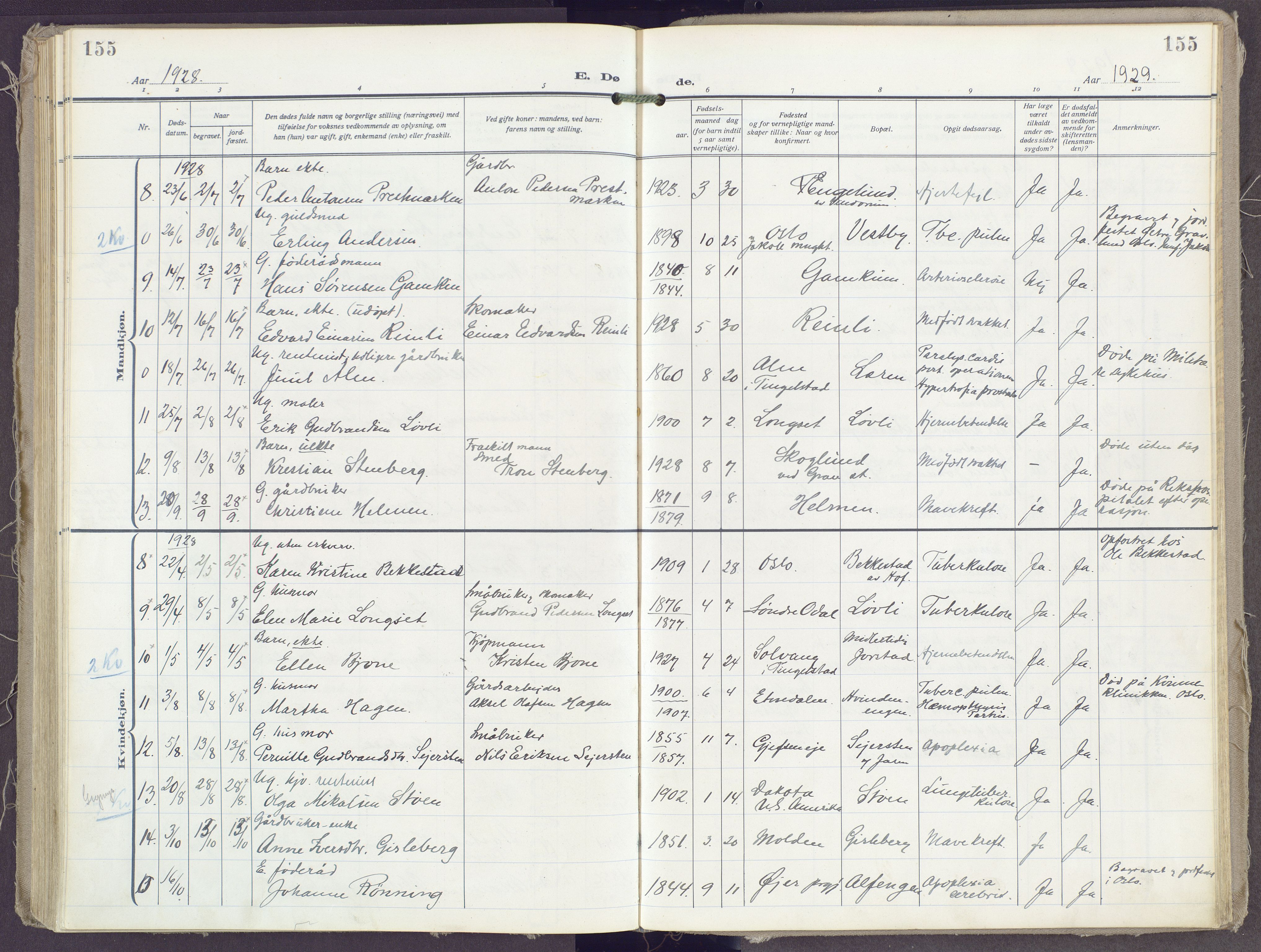 Gran prestekontor, AV/SAH-PREST-112/H/Ha/Haa/L0023: Parish register (official) no. 23, 1919-1938, p. 155