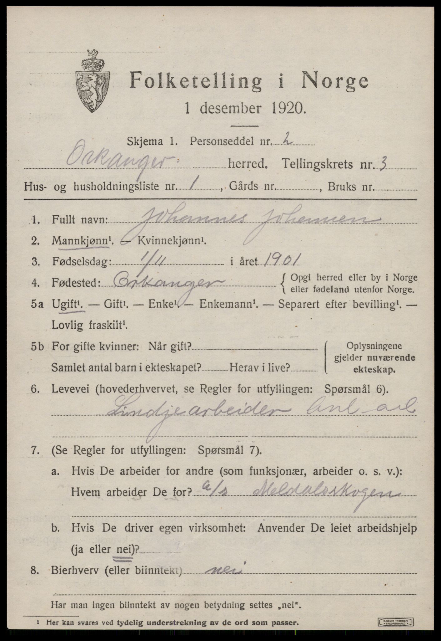 SAT, 1920 census for Orkanger, 1920, p. 1749