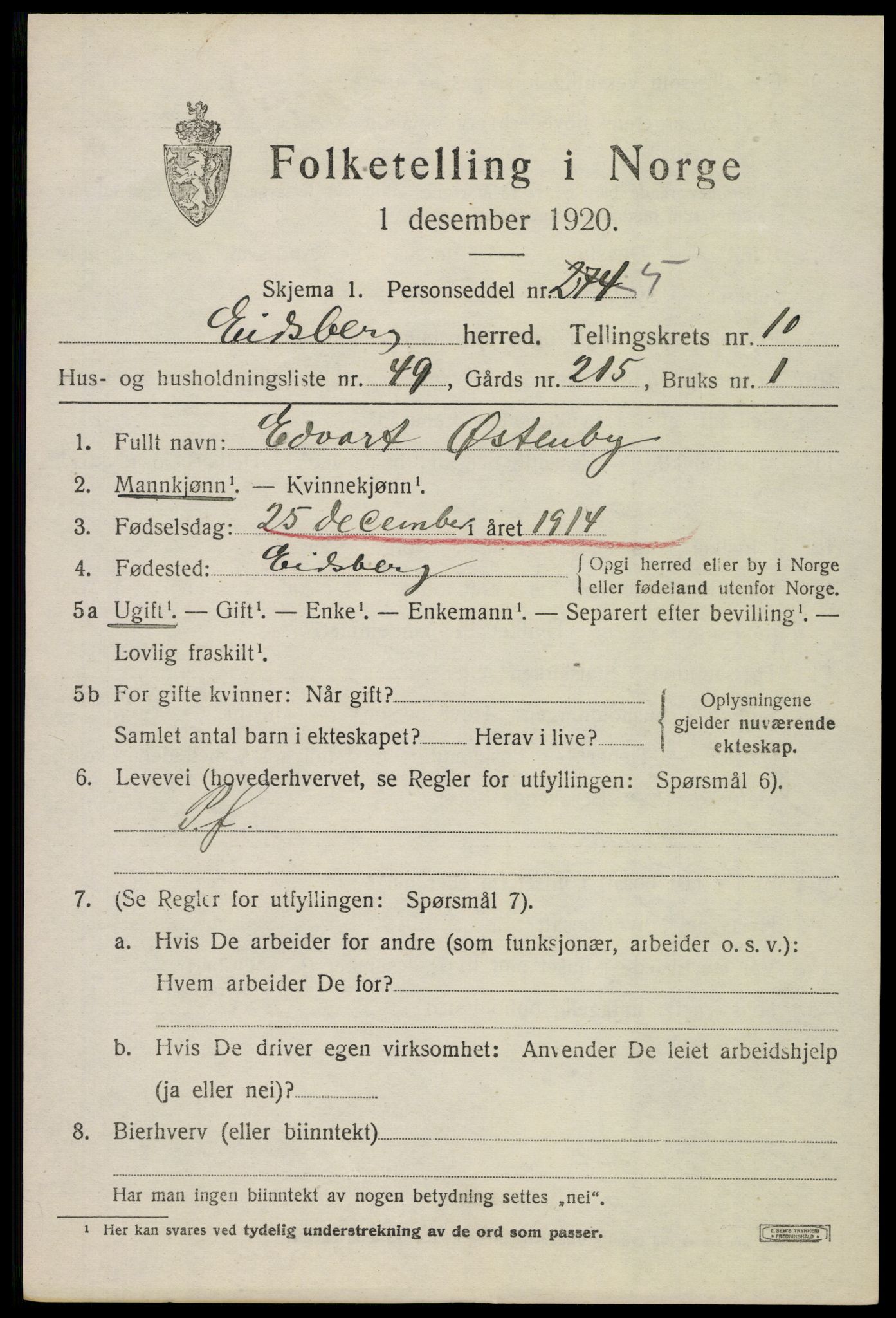 SAO, 1920 census for Eidsberg, 1920, p. 12501