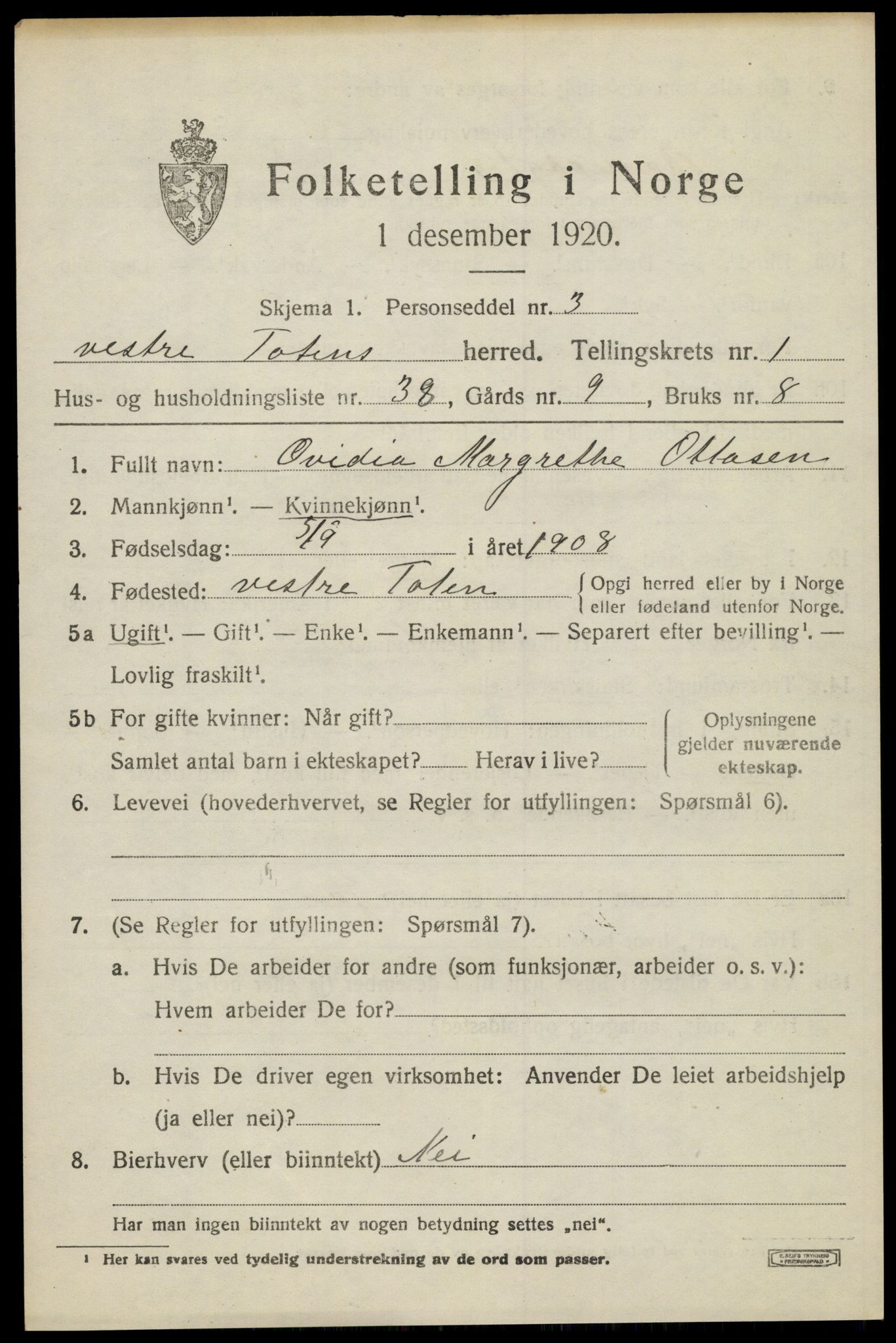 SAH, 1920 census for Vestre Toten, 1920, p. 2306