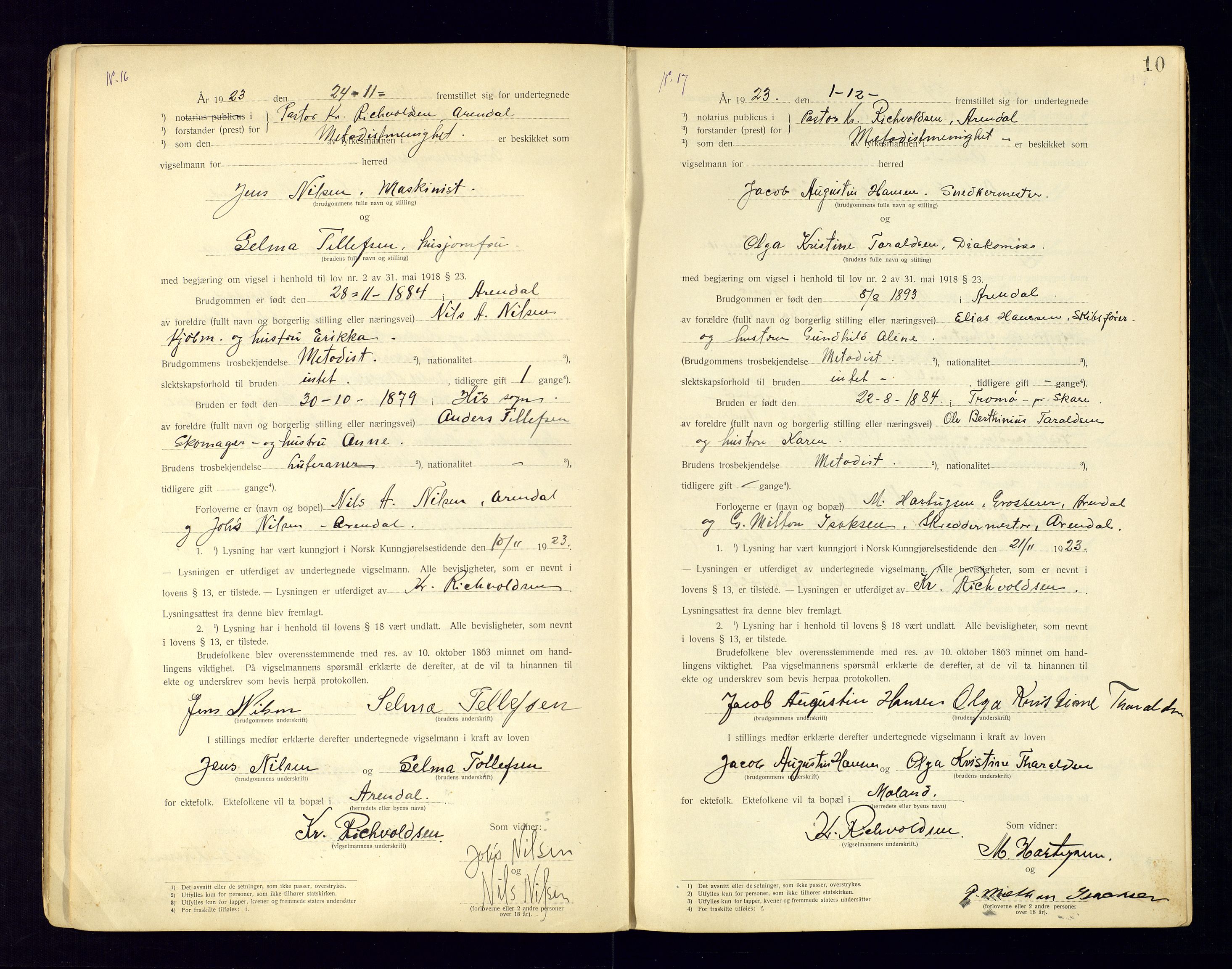 Metodistmenigheten, Arendal, AV/SAK-1292-0011/F/Fc/L0001/0002: Marriage register (dissenter) no. 1.2, 1920-1970, p. 10