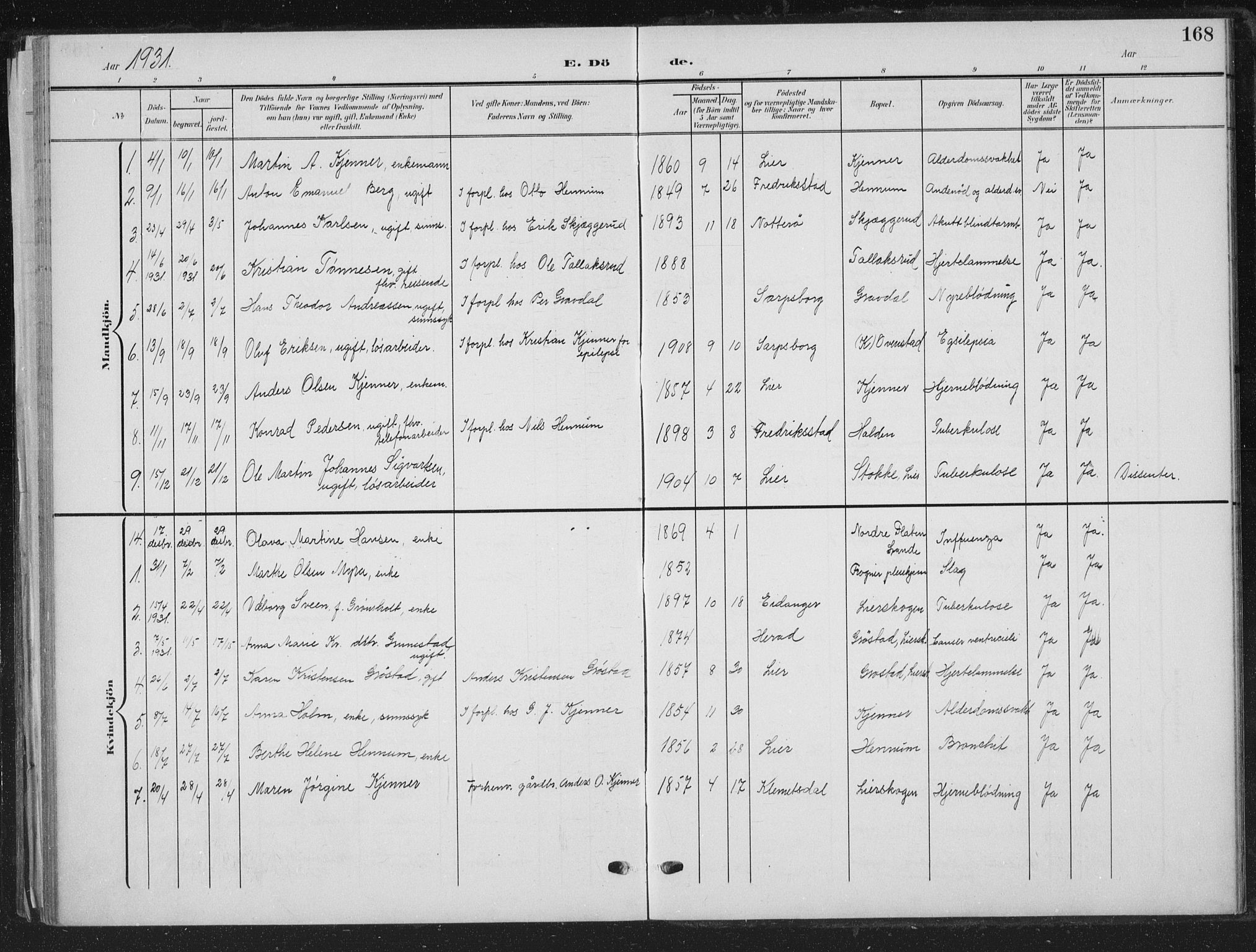 Lier kirkebøker, SAKO/A-230/G/Gc/L0002: Parish register (copy) no. III 2, 1903-1938, p. 168