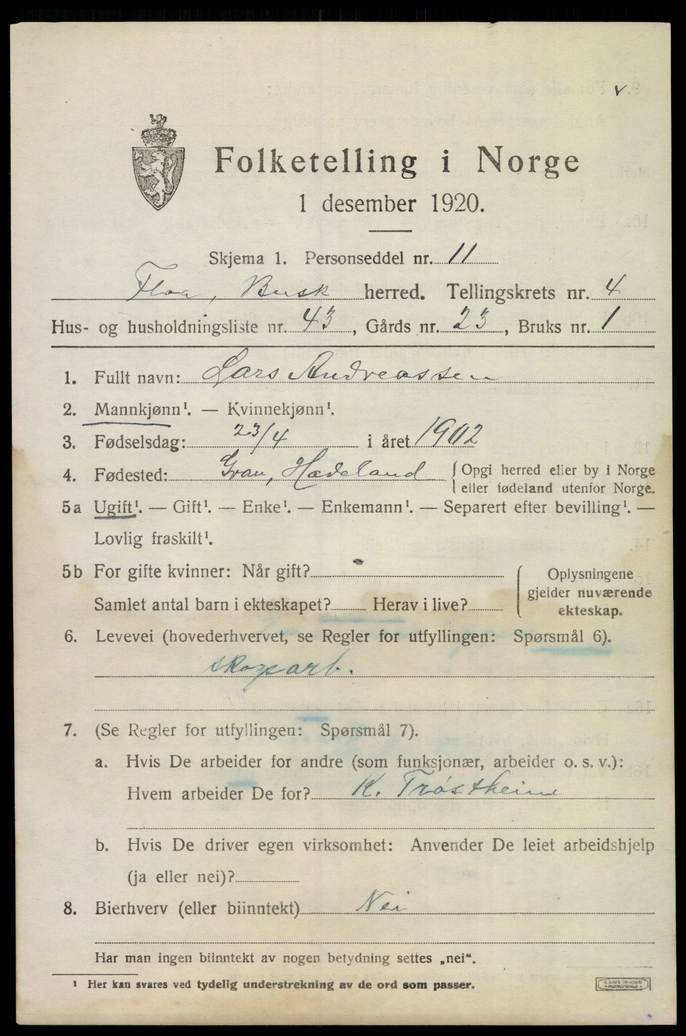 SAKO, 1920 census for Flå, 1920, p. 3099