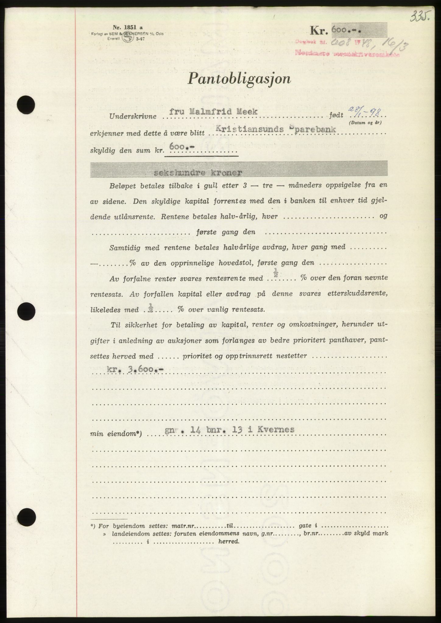 Nordmøre sorenskriveri, AV/SAT-A-4132/1/2/2Ca: Mortgage book no. B98, 1948-1948, Diary no: : 608/1948