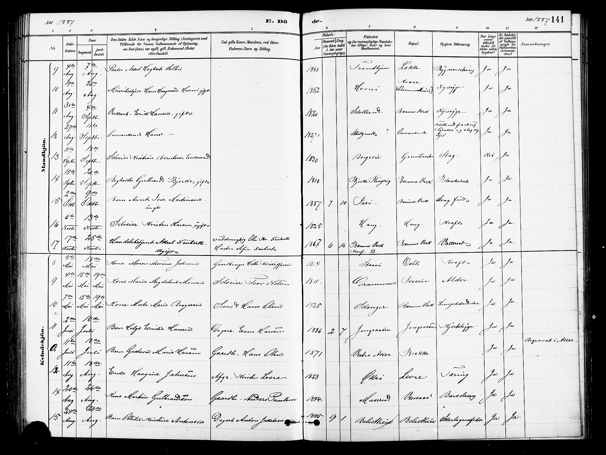 Asker prestekontor Kirkebøker, SAO/A-10256a/F/Fb/L0001: Parish register (official) no. II 1, 1879-1895, p. 141
