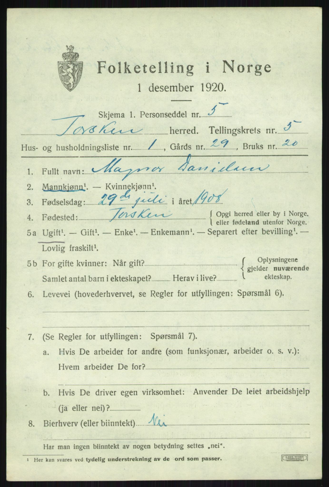 SATØ, 1920 census for Torsken, 1920, p. 1994