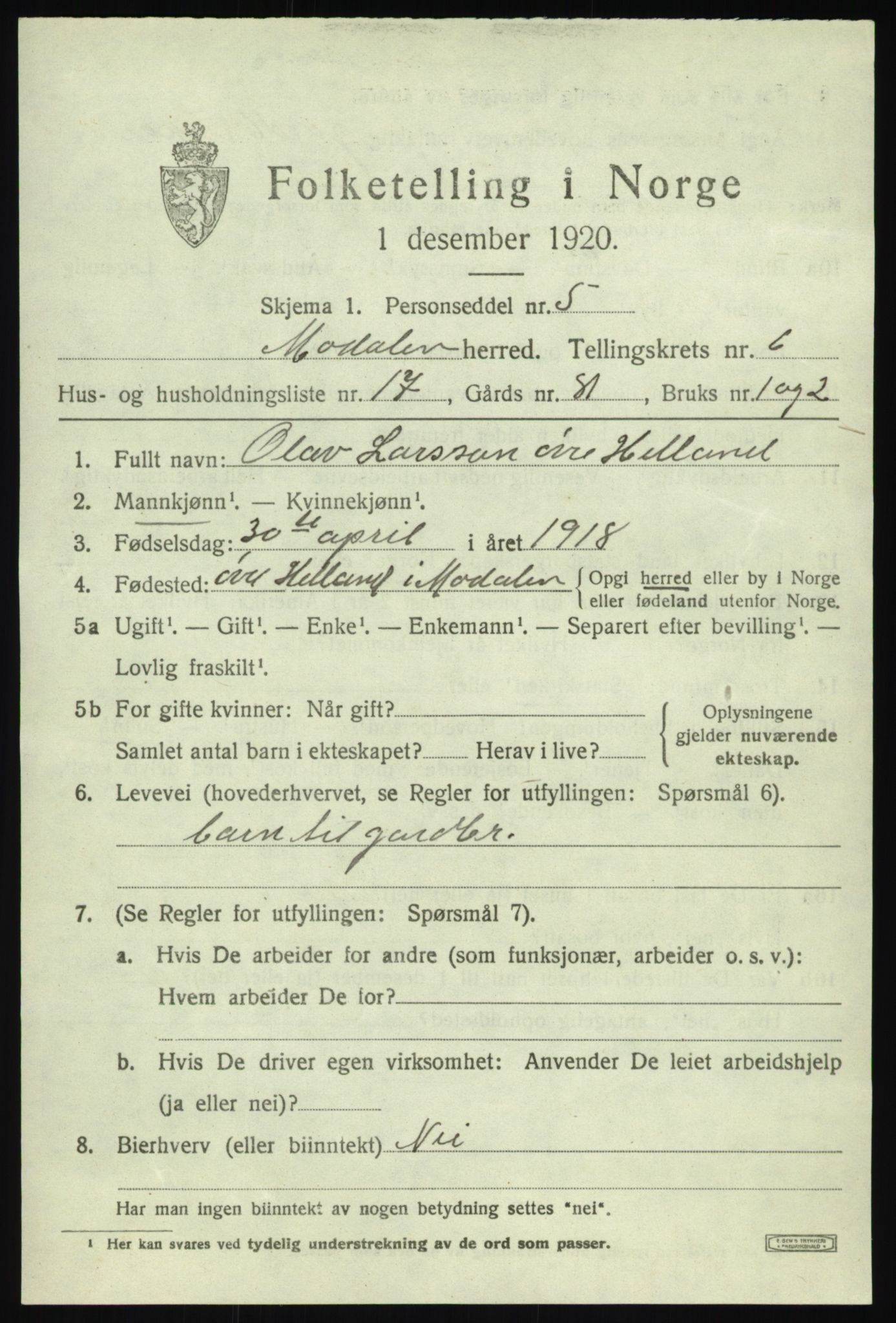 SAB, 1920 census for Modalen, 1920, p. 1376