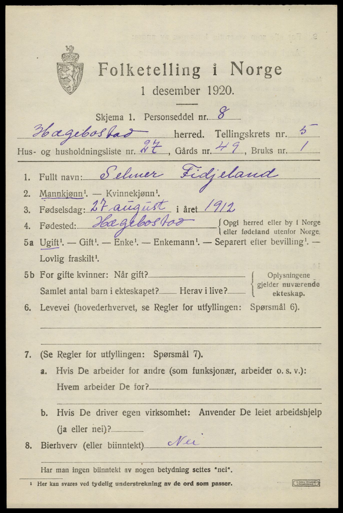SAK, 1920 census for Hægebostad, 1920, p. 1995