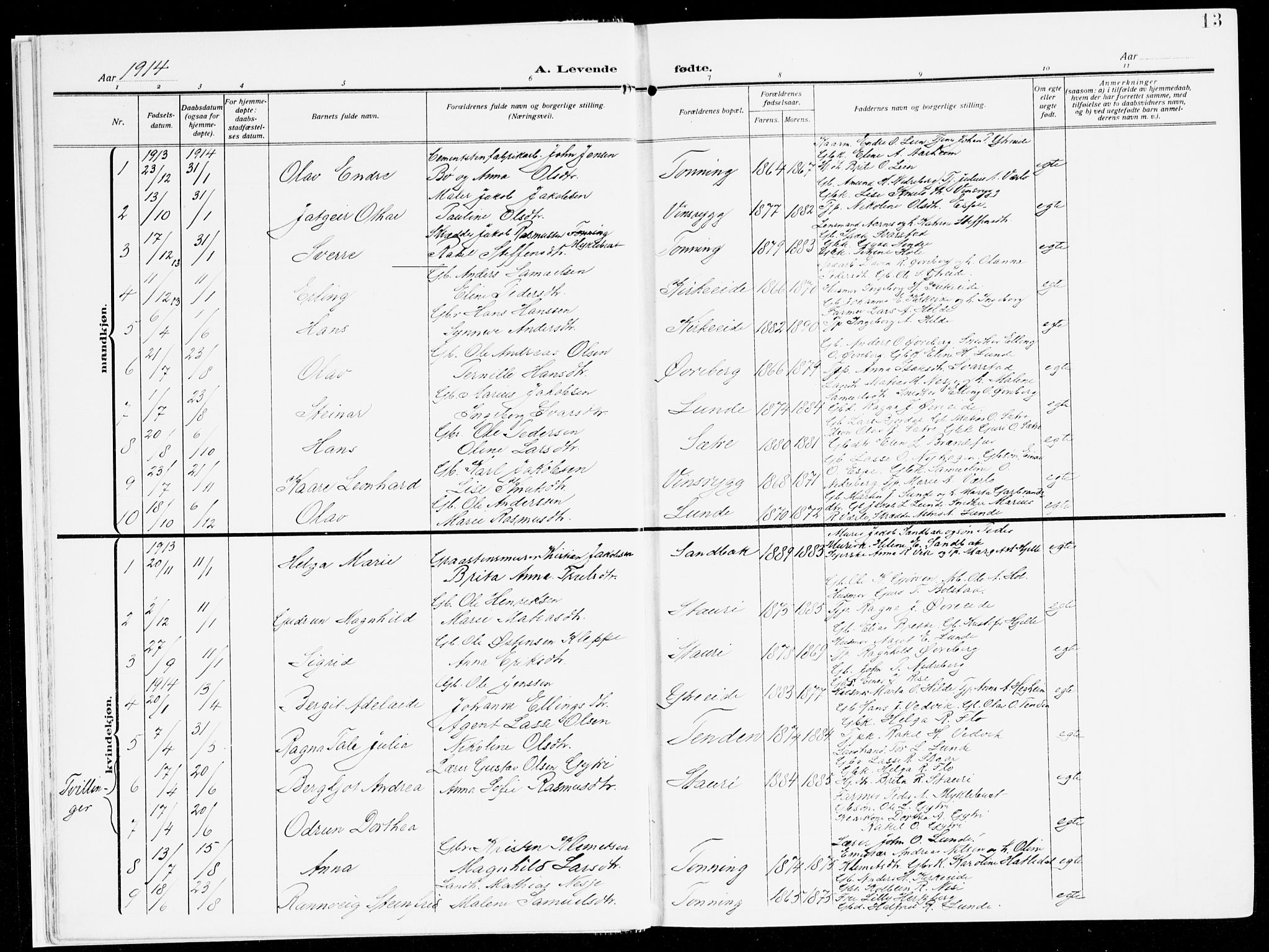 Stryn Sokneprestembete, AV/SAB-A-82501: Parish register (official) no. B 2, 1908-1936, p. 13